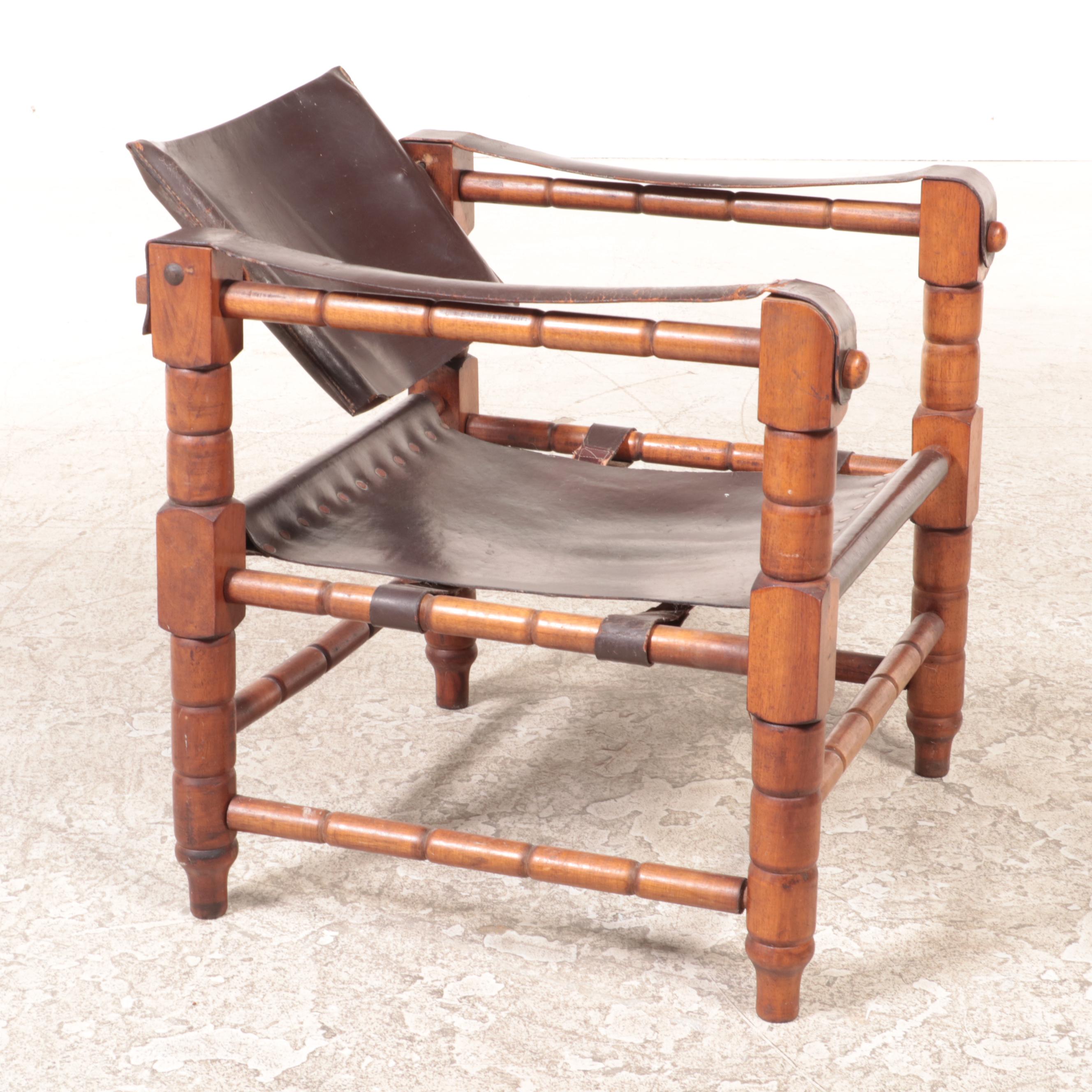 Leather and Turned Wood Sling-Arm Safari Chair