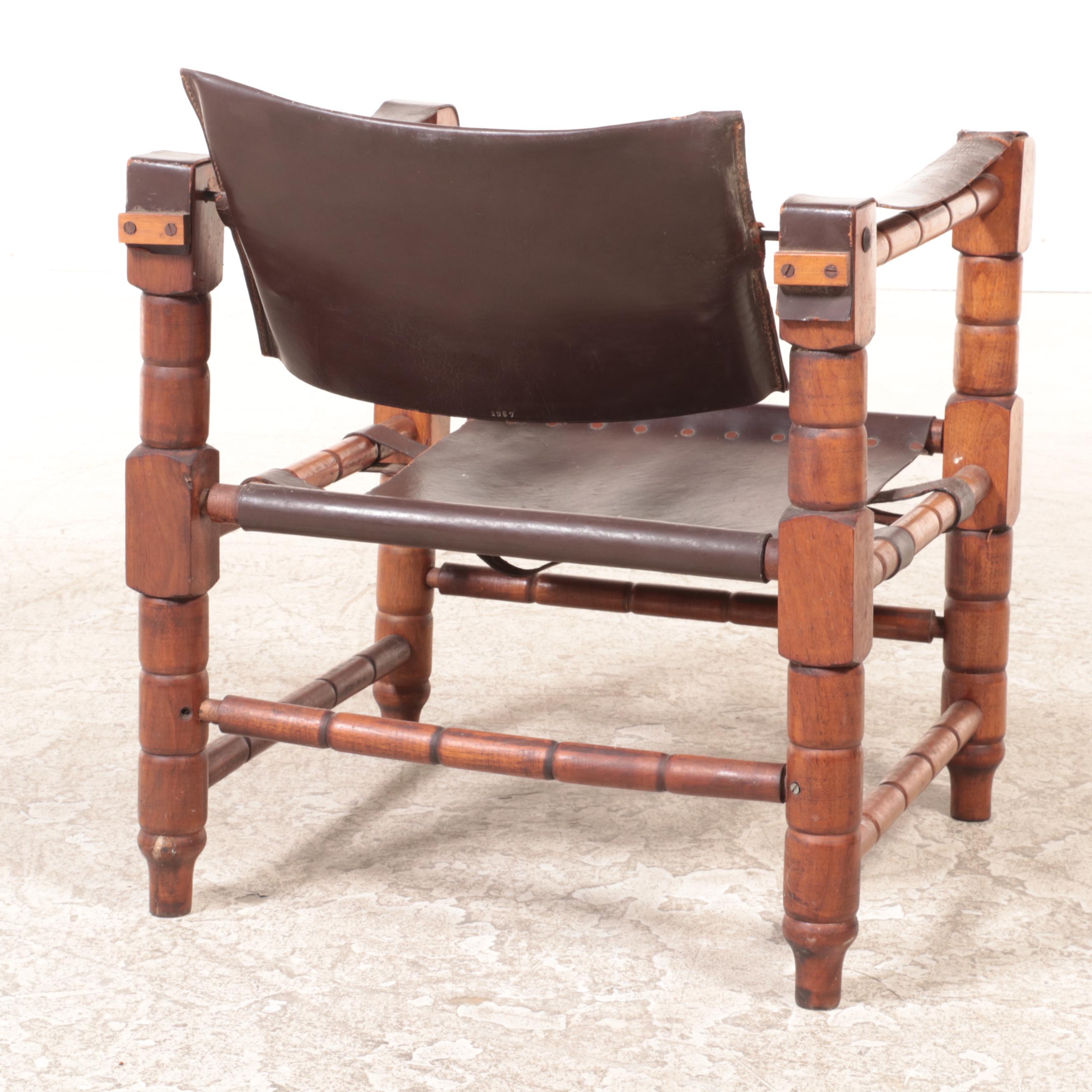Leather and Turned Wood Sling-Arm Safari Chair