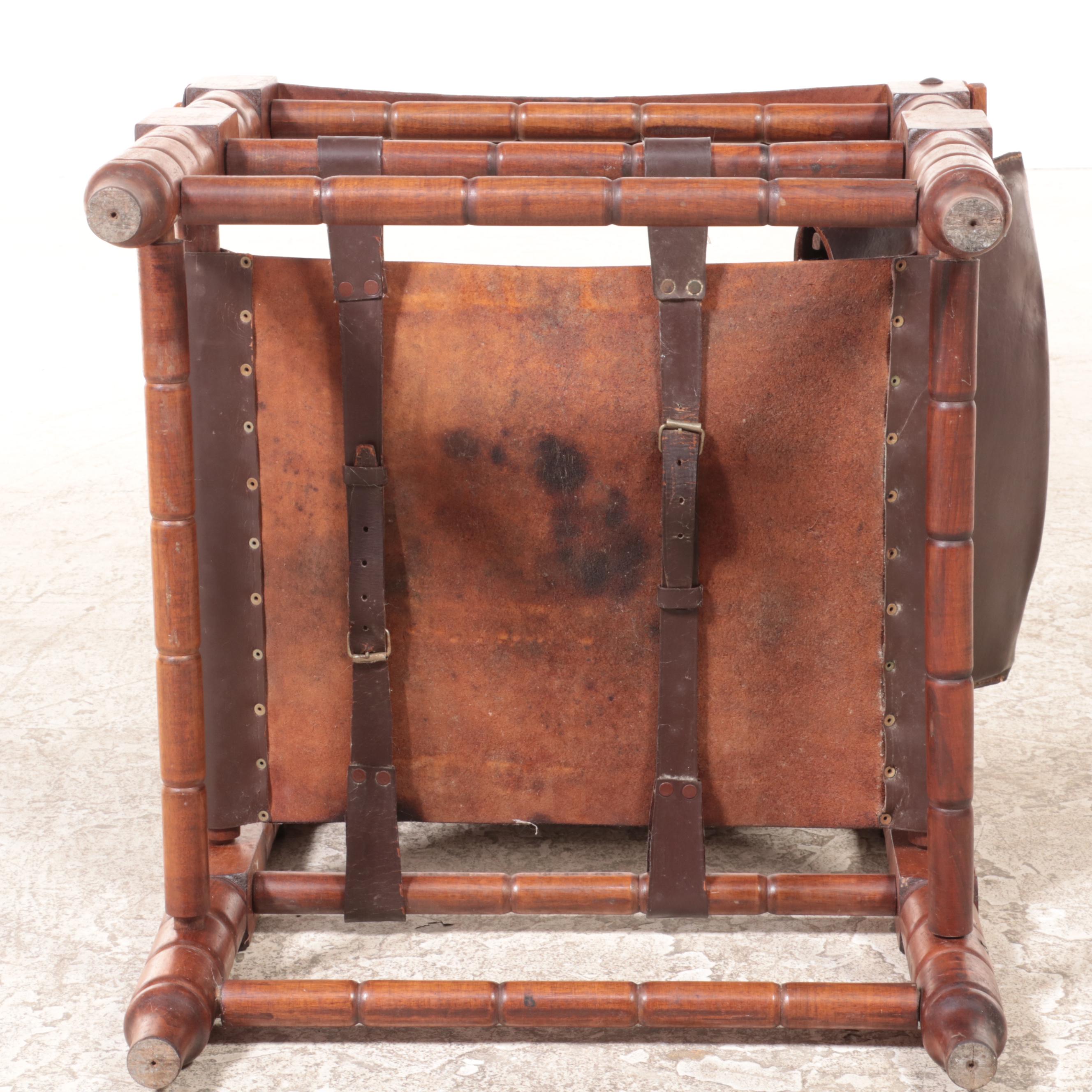 Leather and Turned Wood Sling-Arm Safari Chair