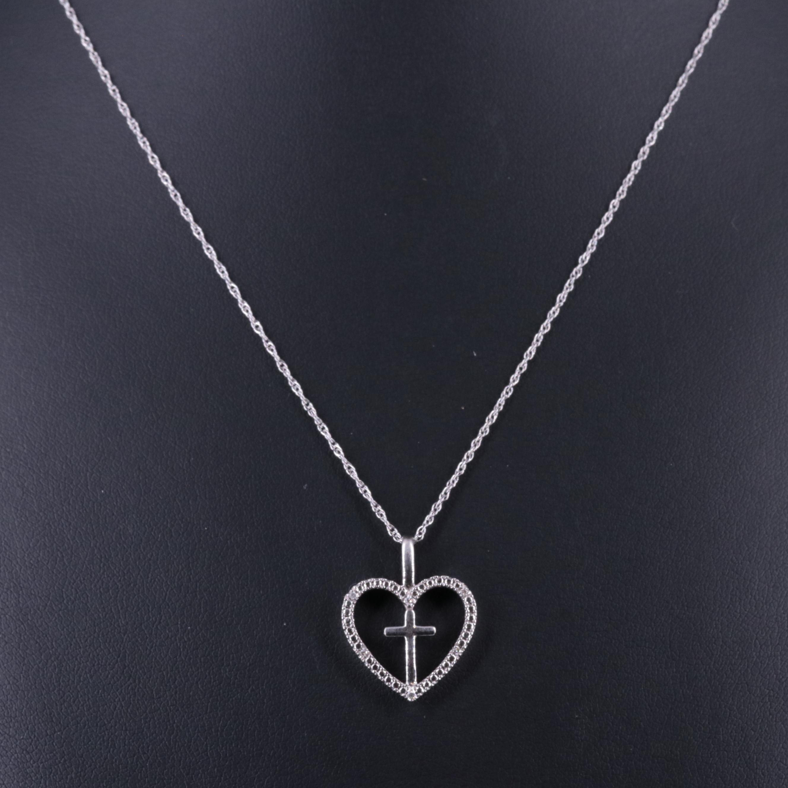 Sterling 0.03 Diamond Cross in Heart Pendant Necklace