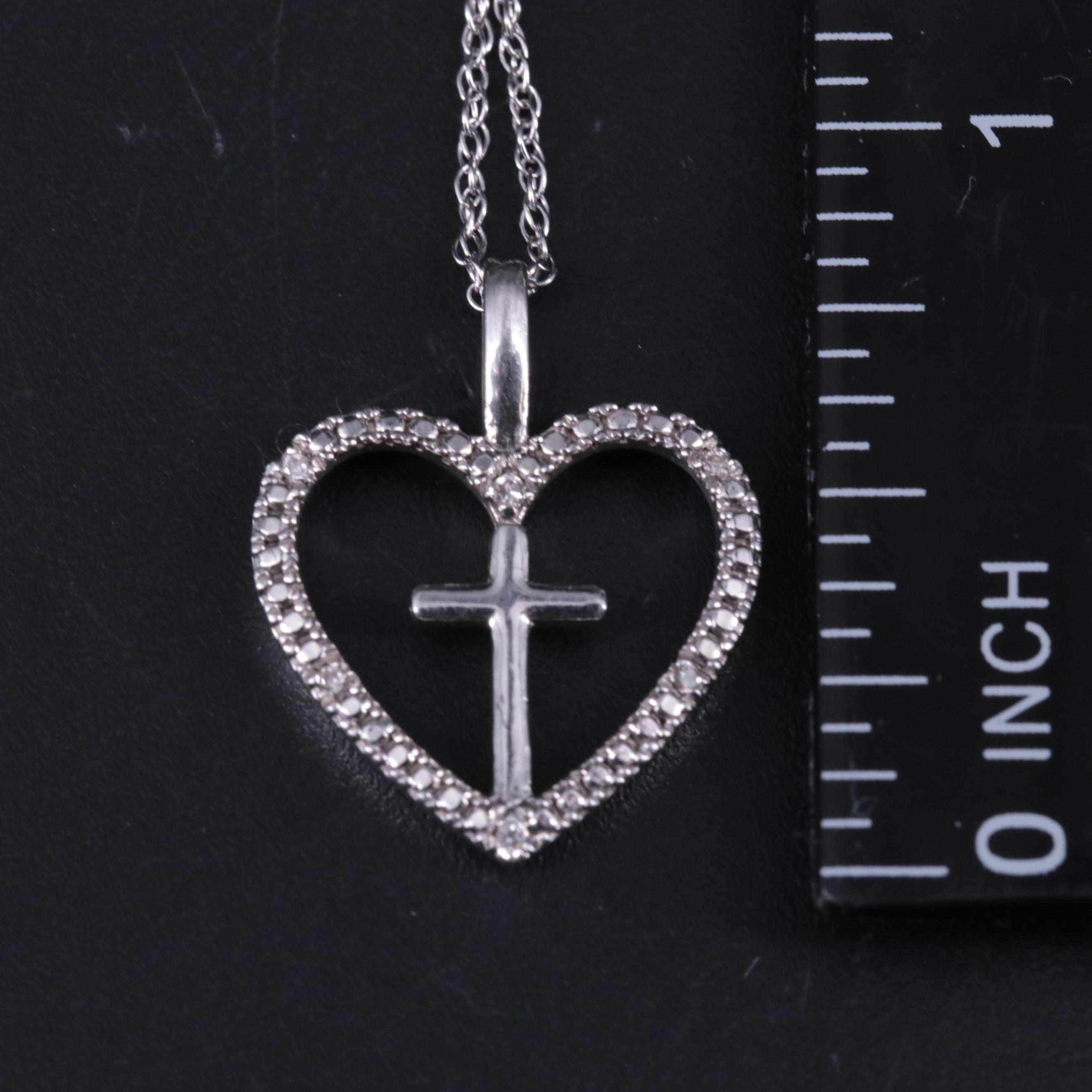 Sterling 0.03 Diamond Cross in Heart Pendant Necklace