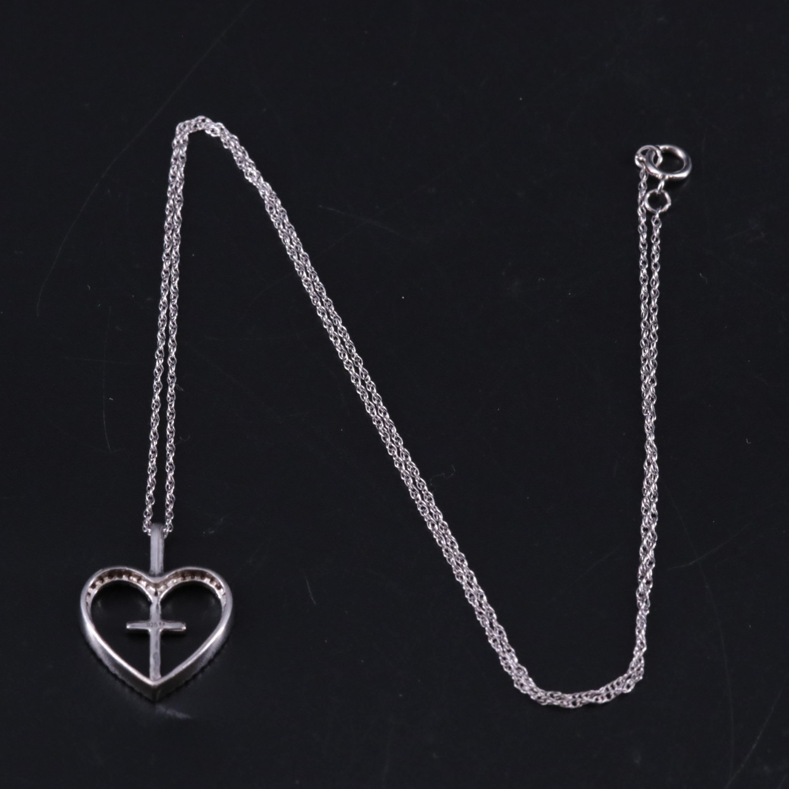 Sterling 0.03 Diamond Cross in Heart Pendant Necklace