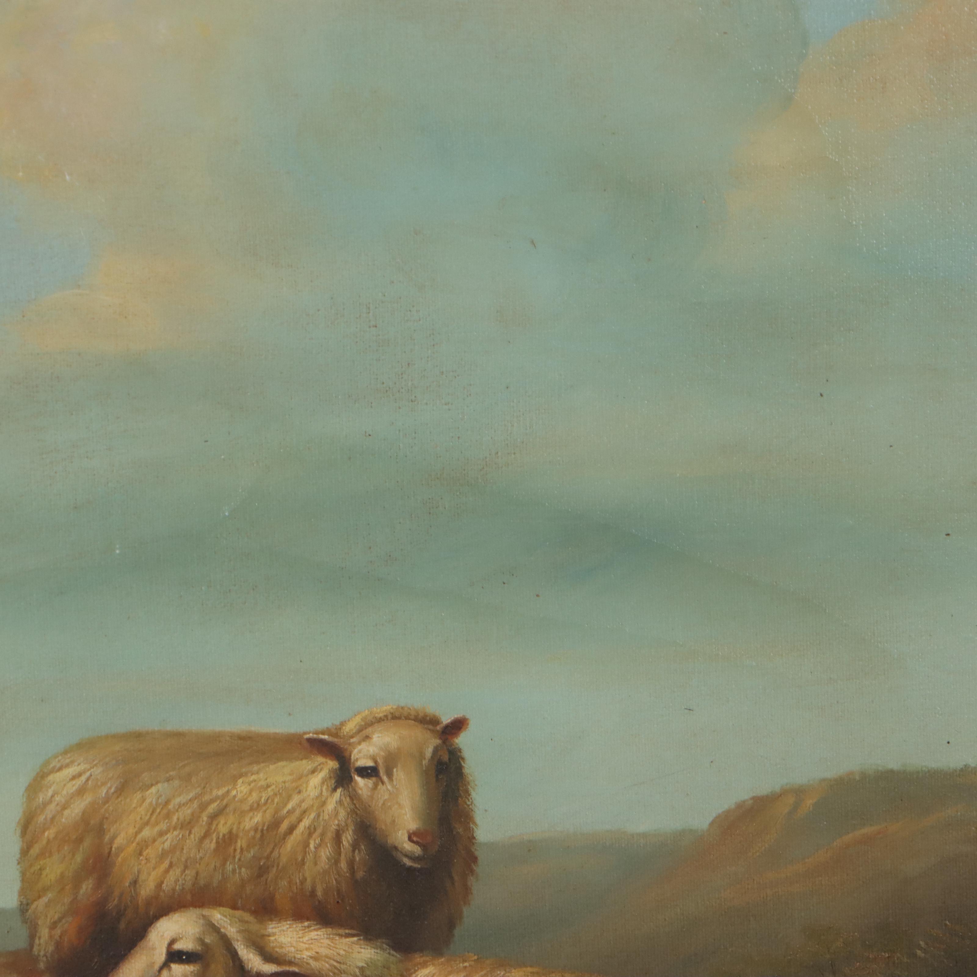 Oil Painting of Three Sheep and Lamb