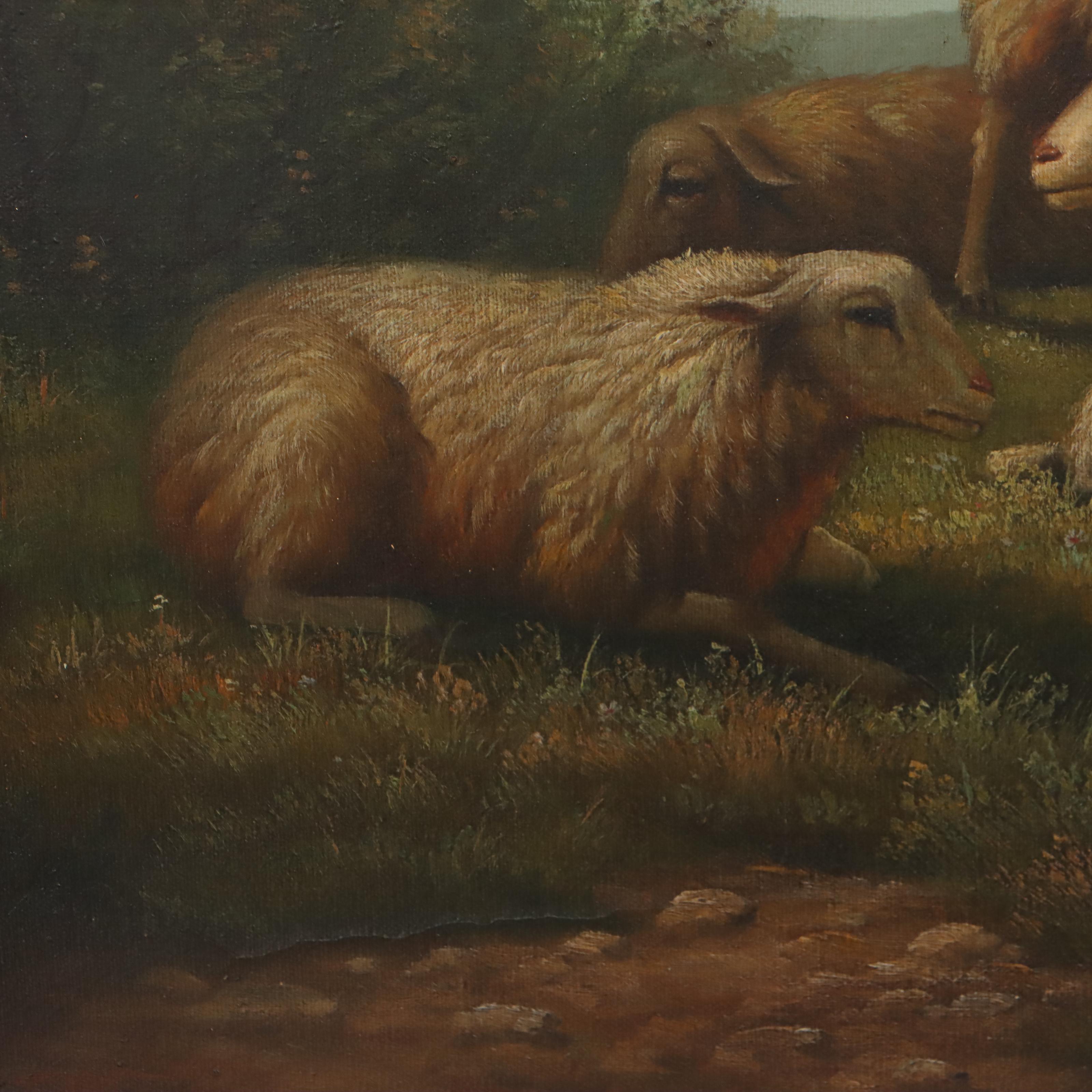 Oil Painting of Three Sheep and Lamb