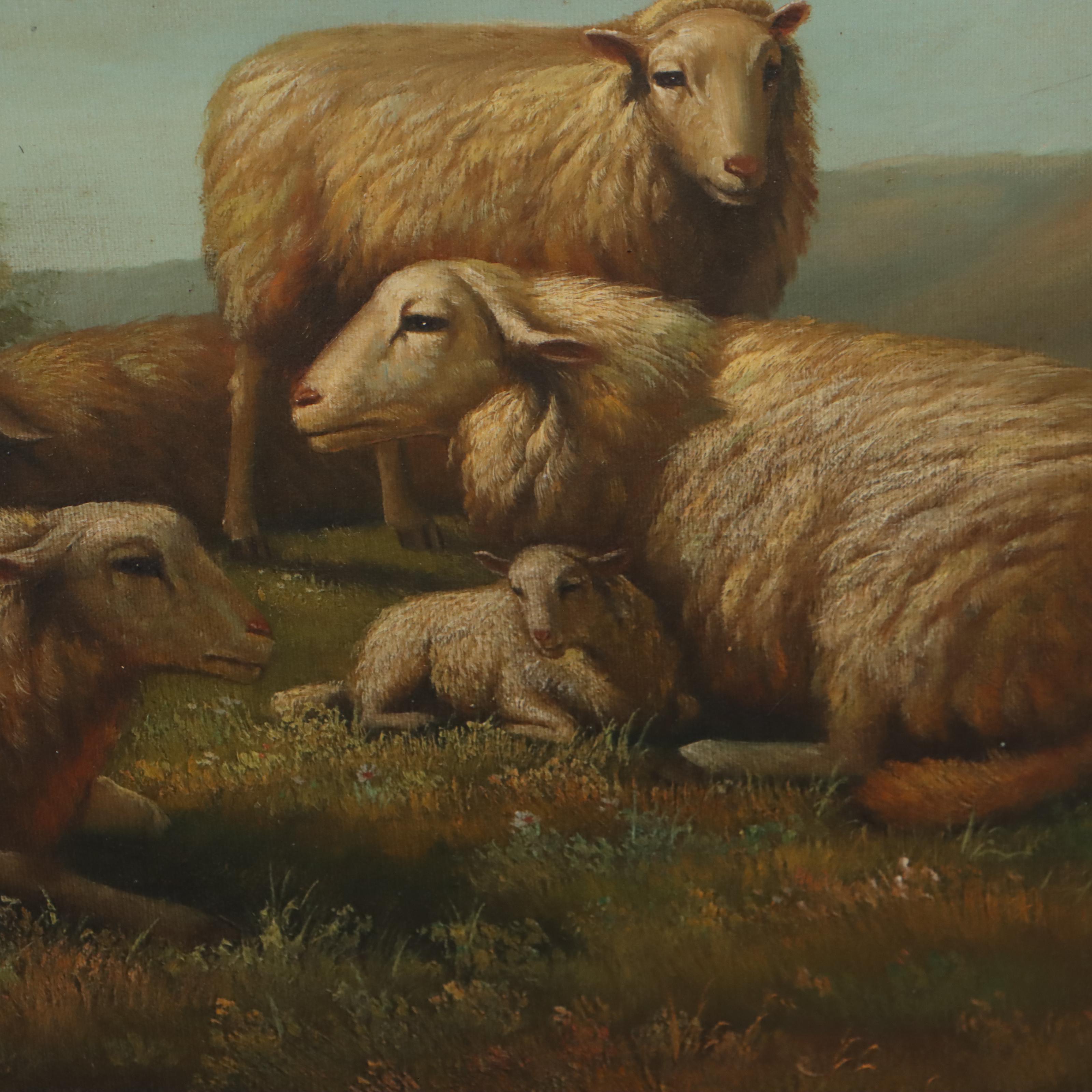 Oil Painting of Three Sheep and Lamb