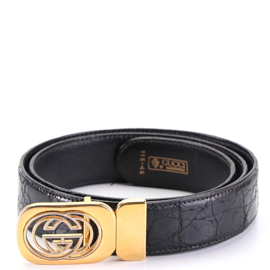 Gucci GG Reversible Belt in Black Croc-Embossed and Smooth Leather