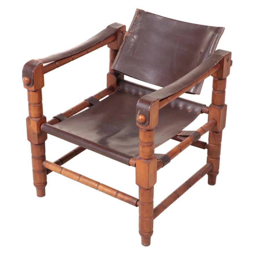 Leather and Turned Wood Sling-Arm Safari Chair