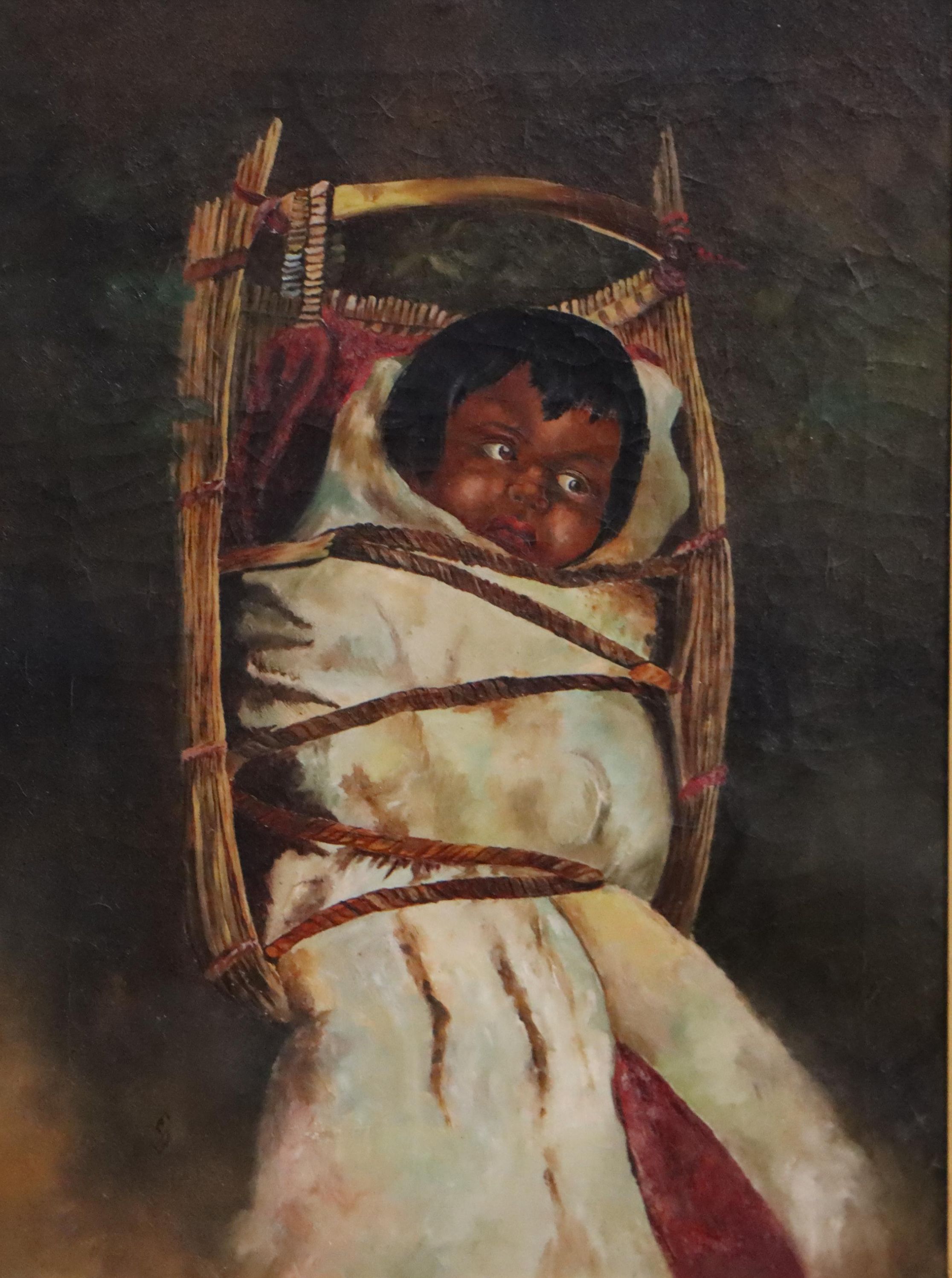 Oil Painting of Baby In Cradle Board