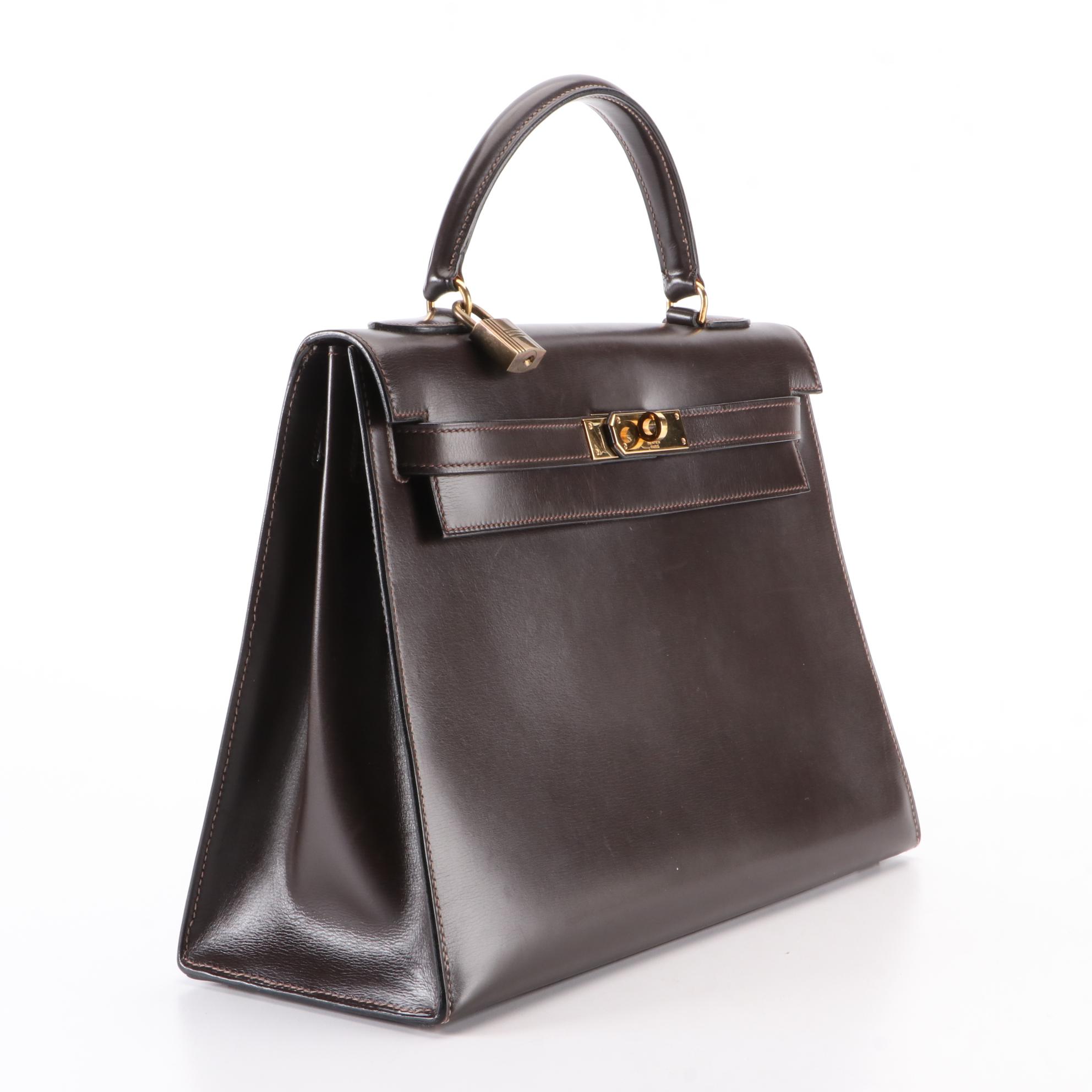 Hermès Kelly Sellier 32 Satchel in Ebene Box Calfskin Leather, 1970s