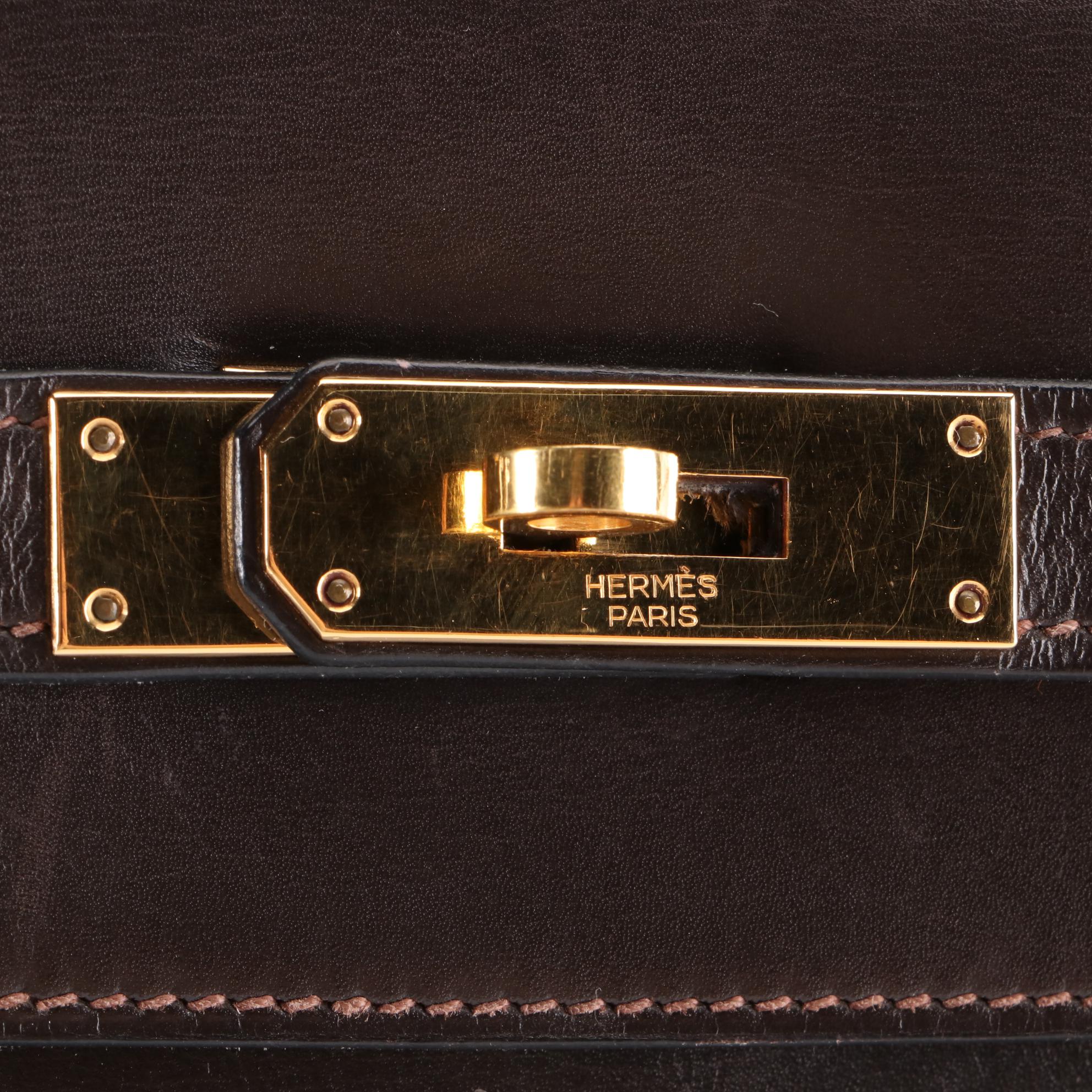 Hermès Kelly Sellier 32 Satchel in Ebene Box Calfskin Leather, 1970s