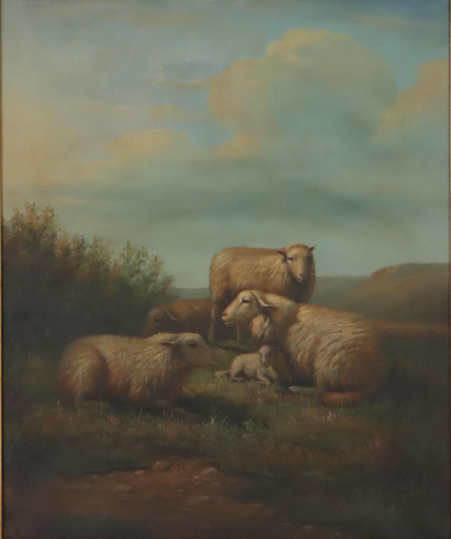 Oil Painting of Three Sheep and Lamb