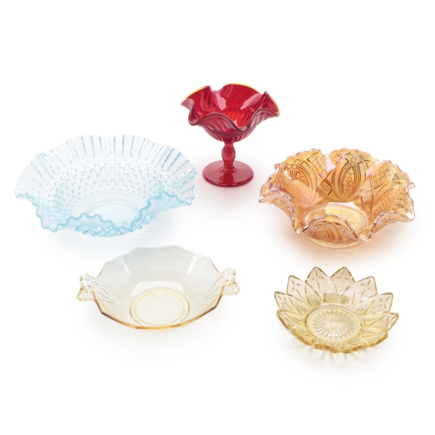 Imperial "Diamond Ring Marigold" Carnival Glass Bowl and Other Glass Tableware