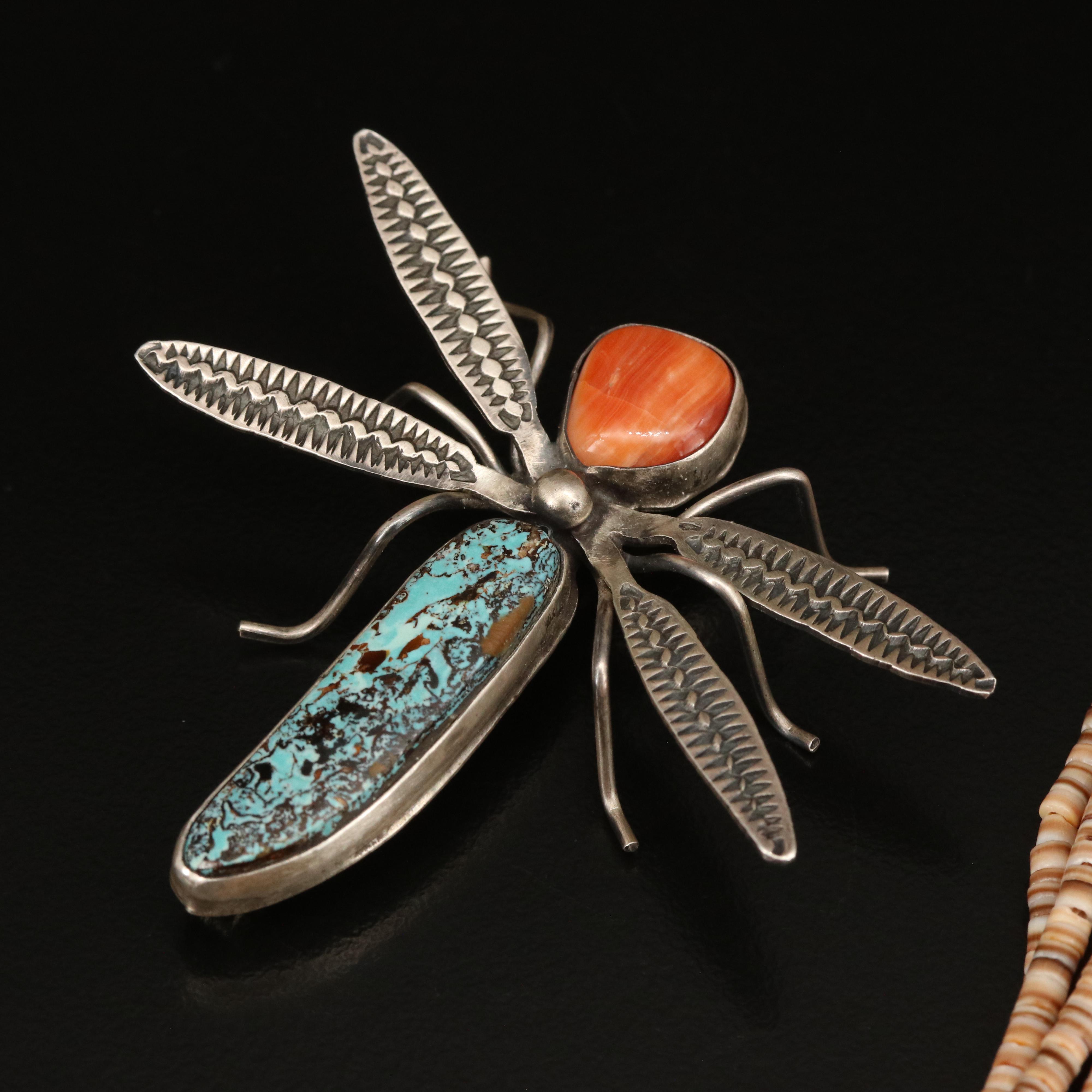 Ralph Sena Sterling Beaded Torsade and Herbert Ration, Navajo Dragonfly Brooch