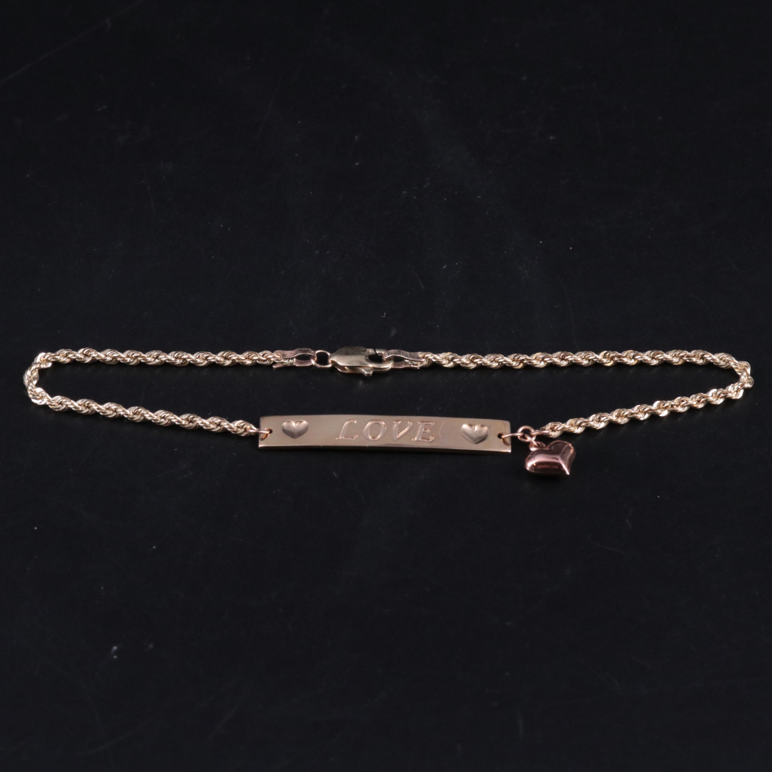 10K Heart Charm Love Bar Bracelet