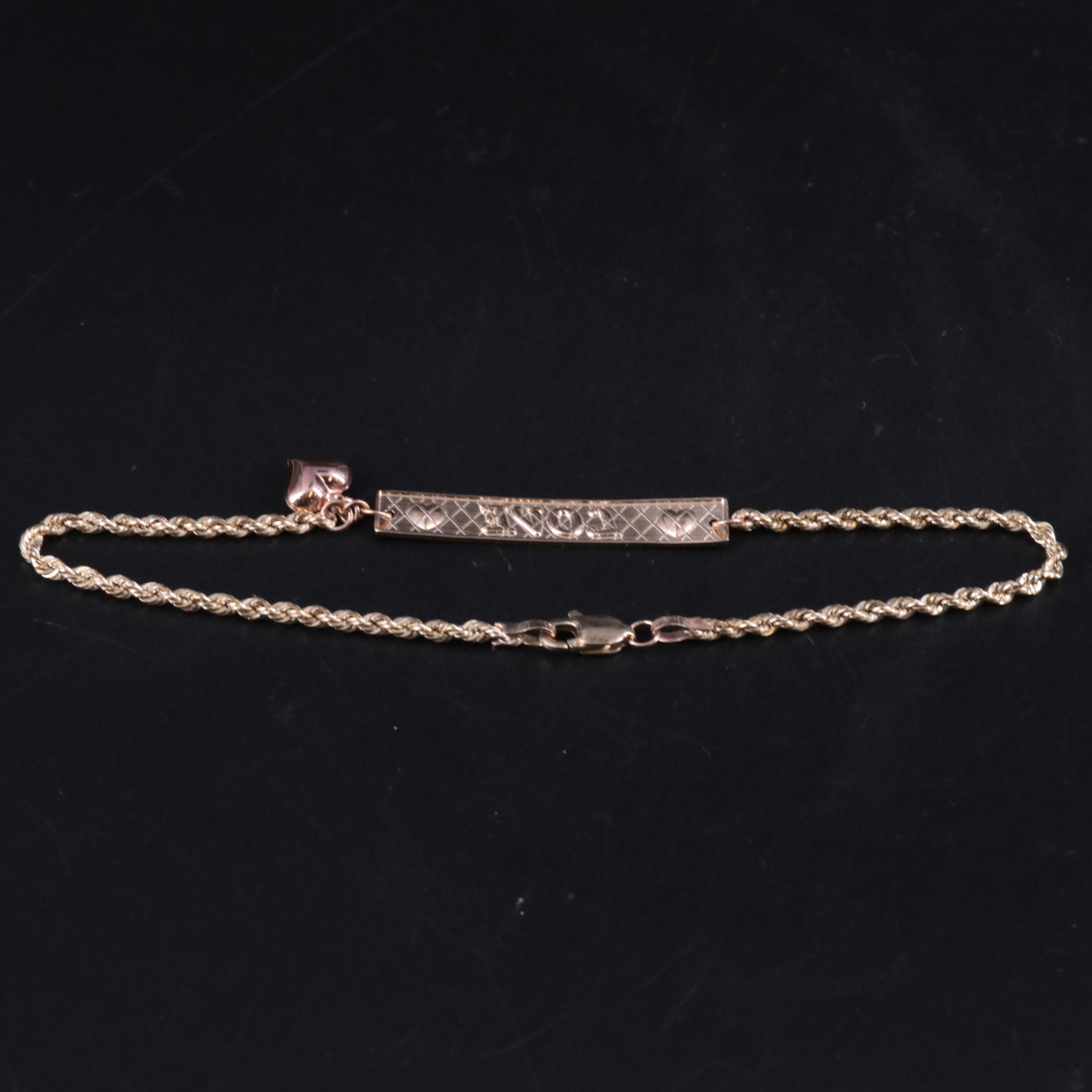 10K Heart Charm Love Bar Bracelet