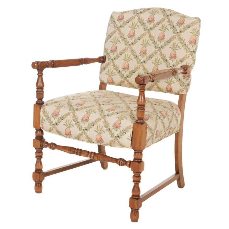 Turned-Maple Open Armchair with Pineapple Upholstery, Mid to Late 20th Century