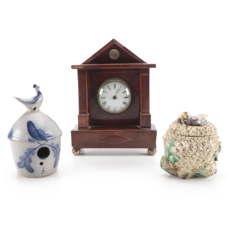 Lorie Mantel Clock with Rowe Salt Glazed Stoneware Birdhouse and Other Pottery