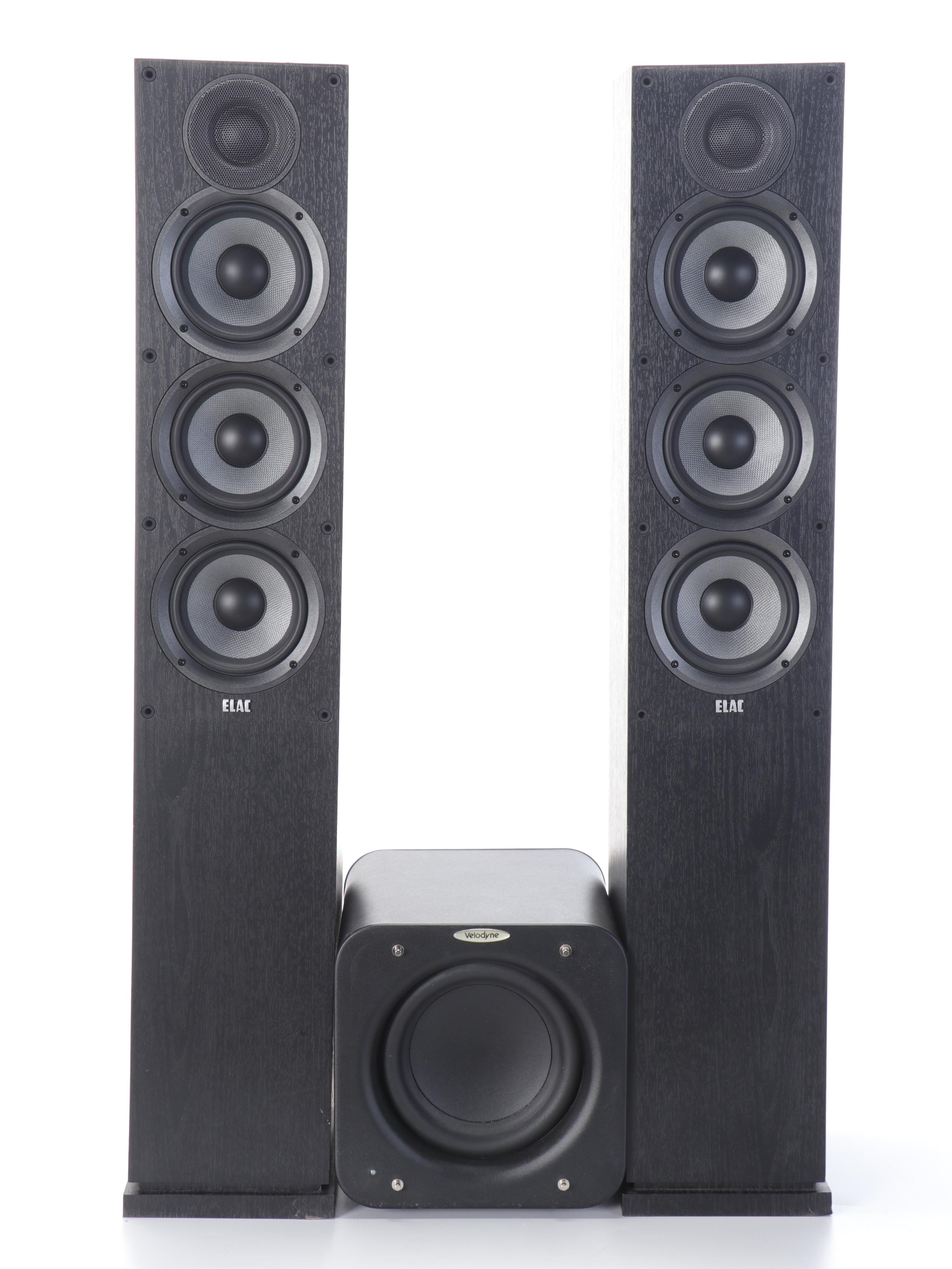 Velodyne MiniVee Subwoofer With Pair of ELAC Debut Floor Standing Speakers