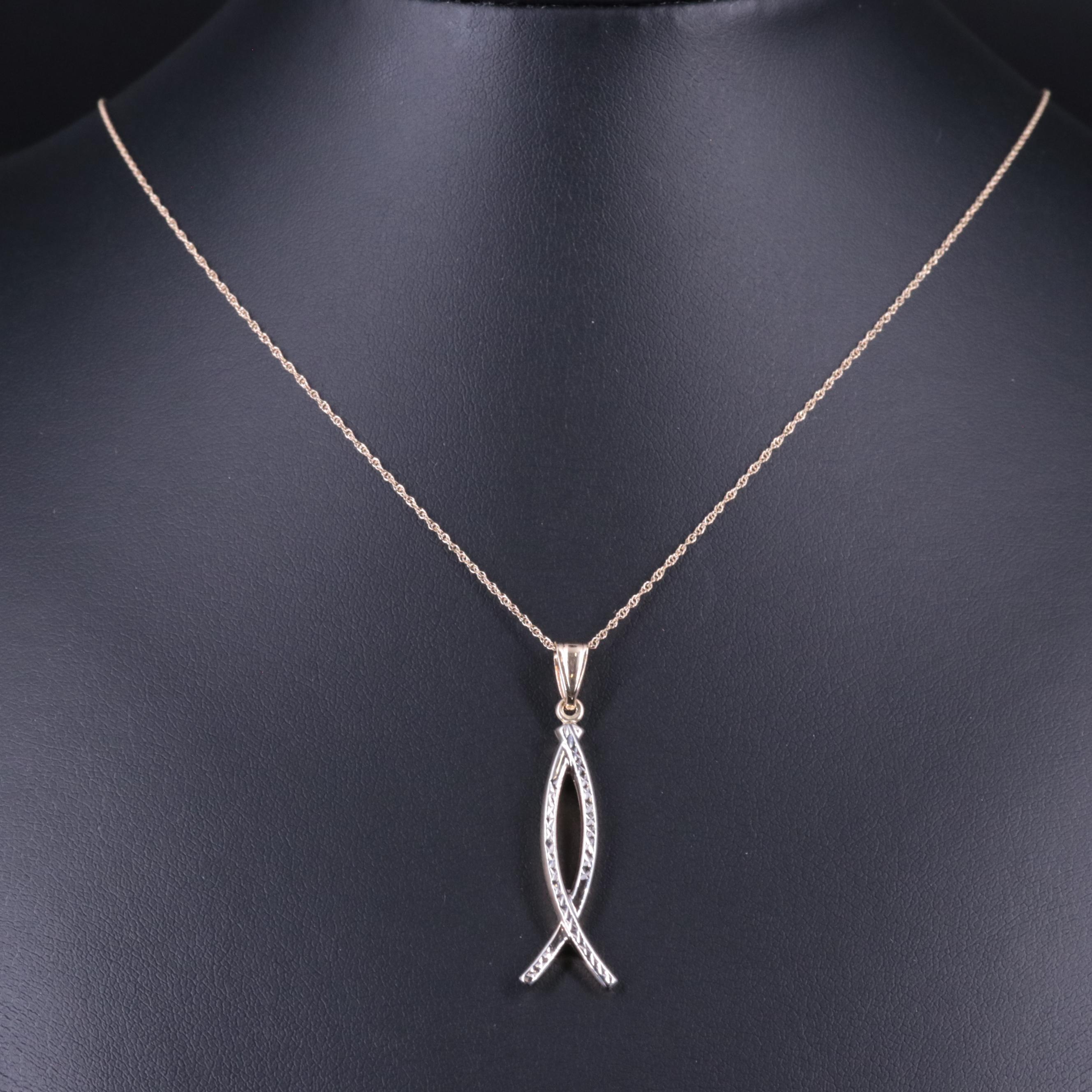 14K Fancy Cable Chain Necklace With Ichthys Fish Pendant