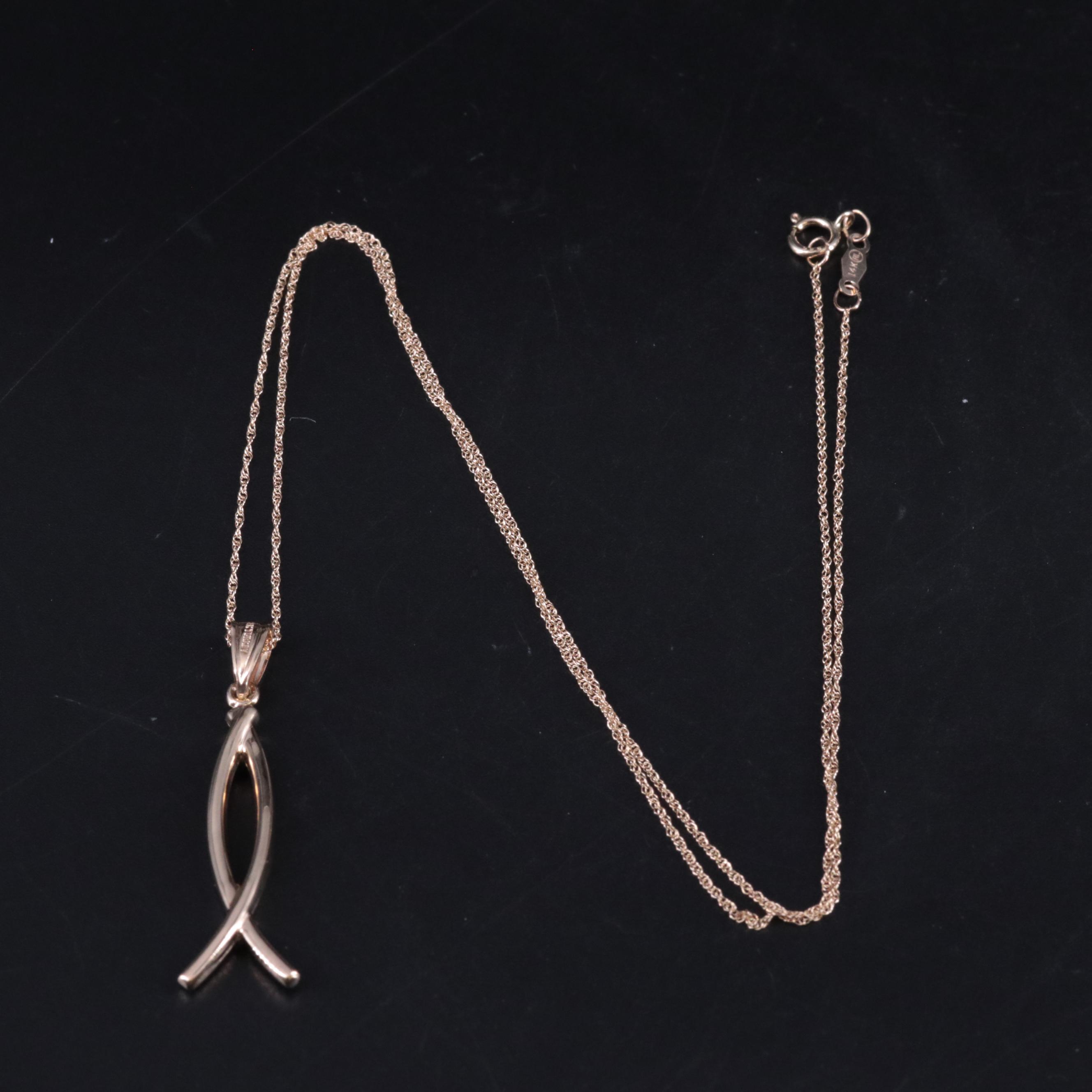 14K Fancy Cable Chain Necklace With Ichthys Fish Pendant