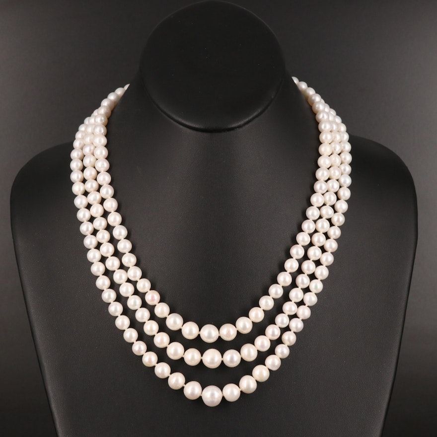14K Graduated Triple Strand Pearl Necklace