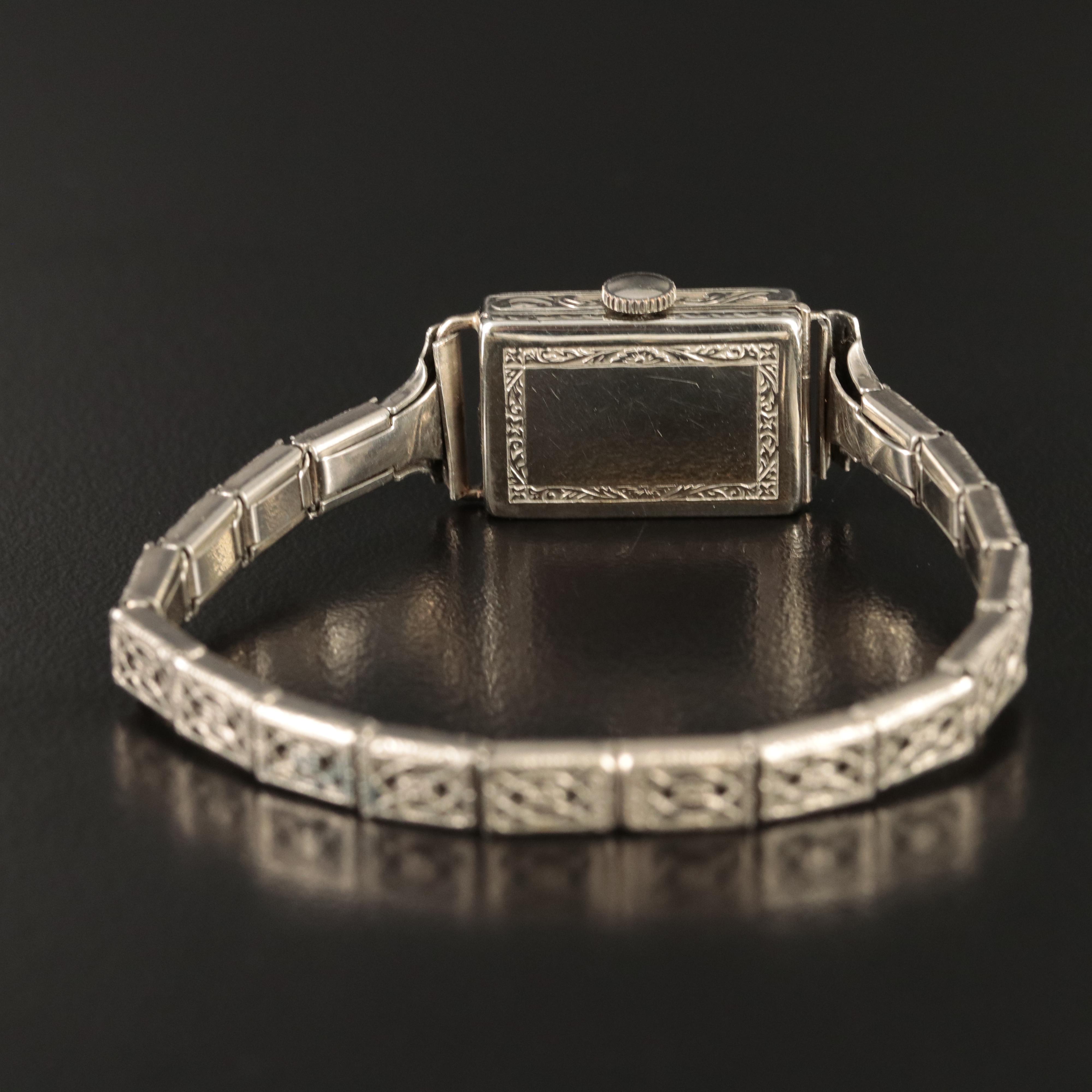 18K Art Deco Manual-Wind Watch with Black Tracery Enamel Accents