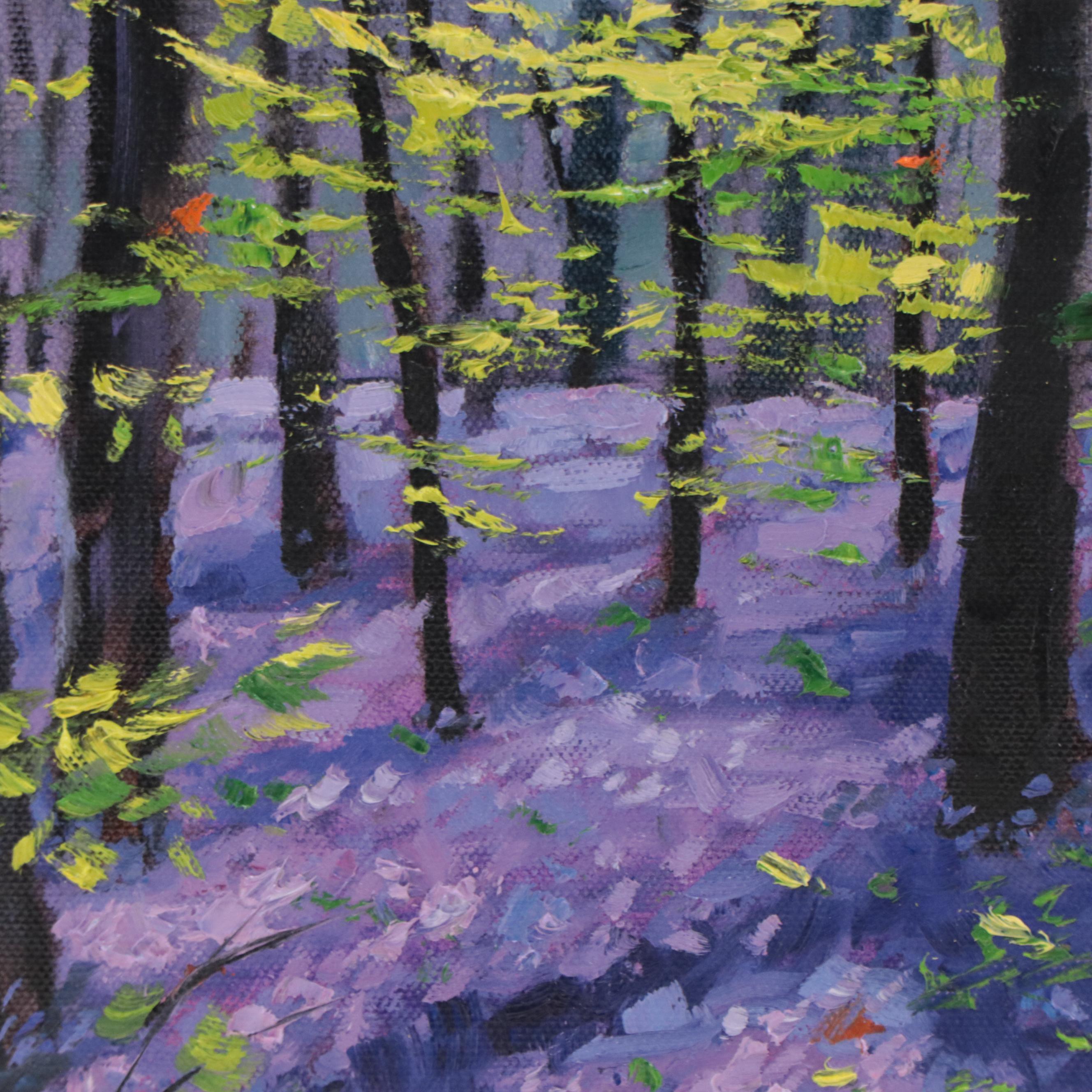 Krista Eaton Forest Landscape Oil Painting "Blue Bells," 21st Century