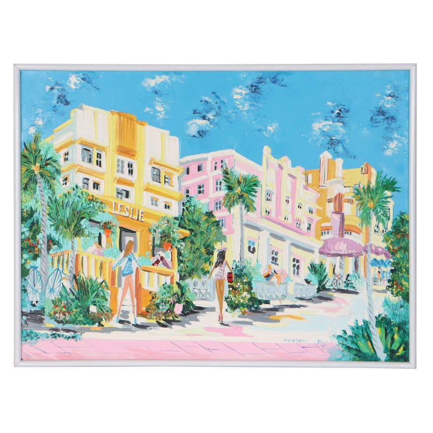 Dego Floridian Street Scene Acrylic Painting "South Beach," 1997