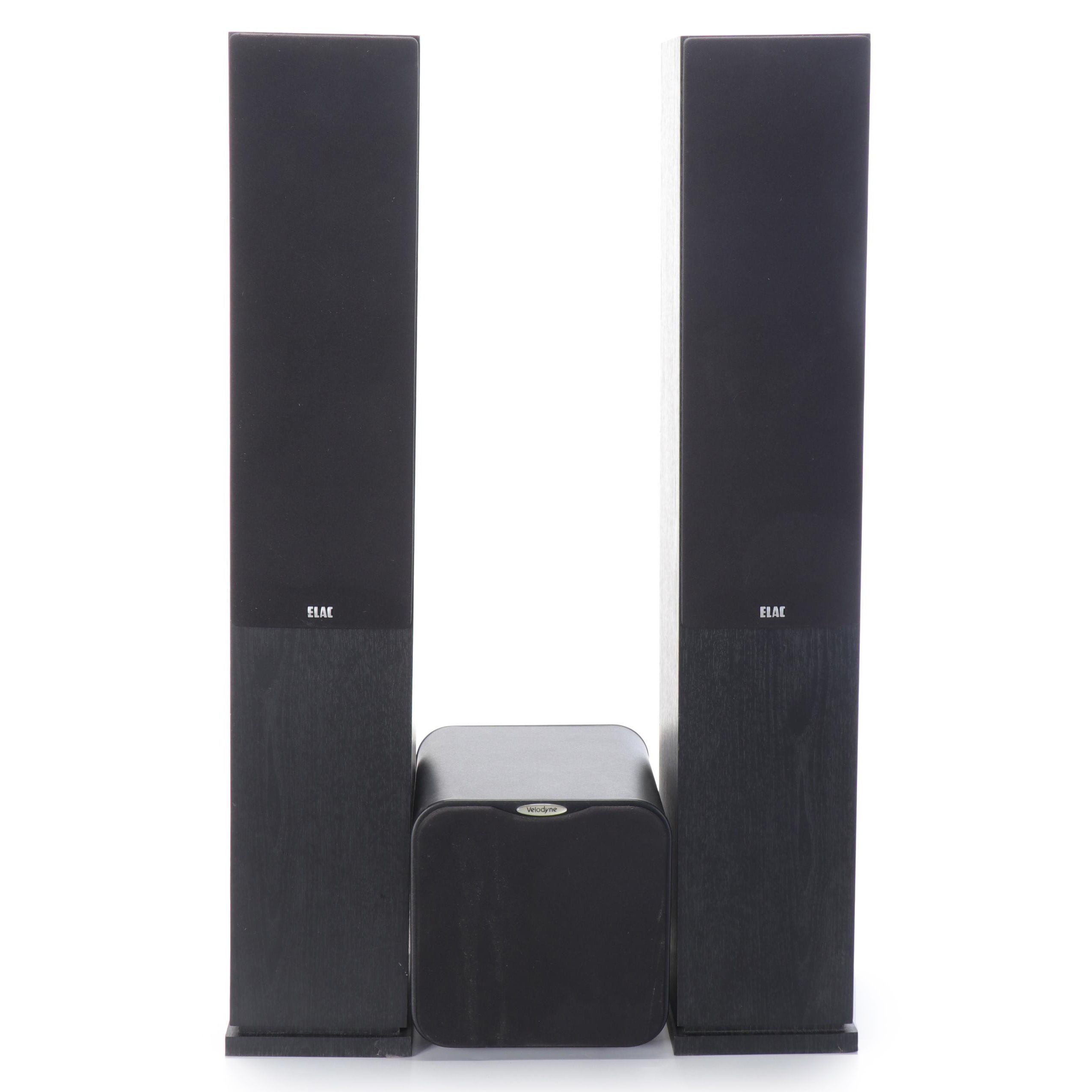 Velodyne MiniVee Subwoofer With Pair of ELAC Debut Floor Standing Speakers