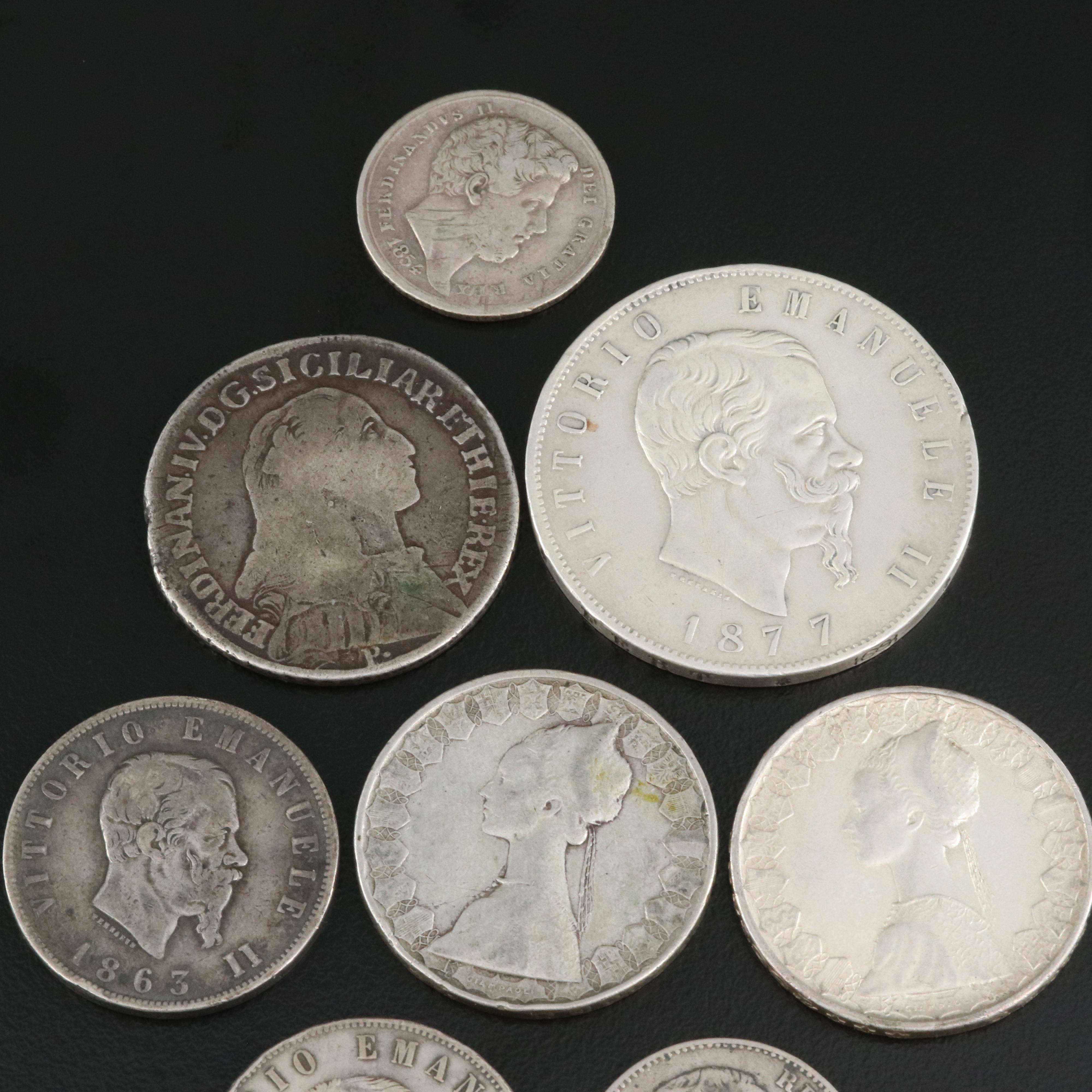 Group of Nine Italian Silver Coins Including a 1794 Sixty Grani