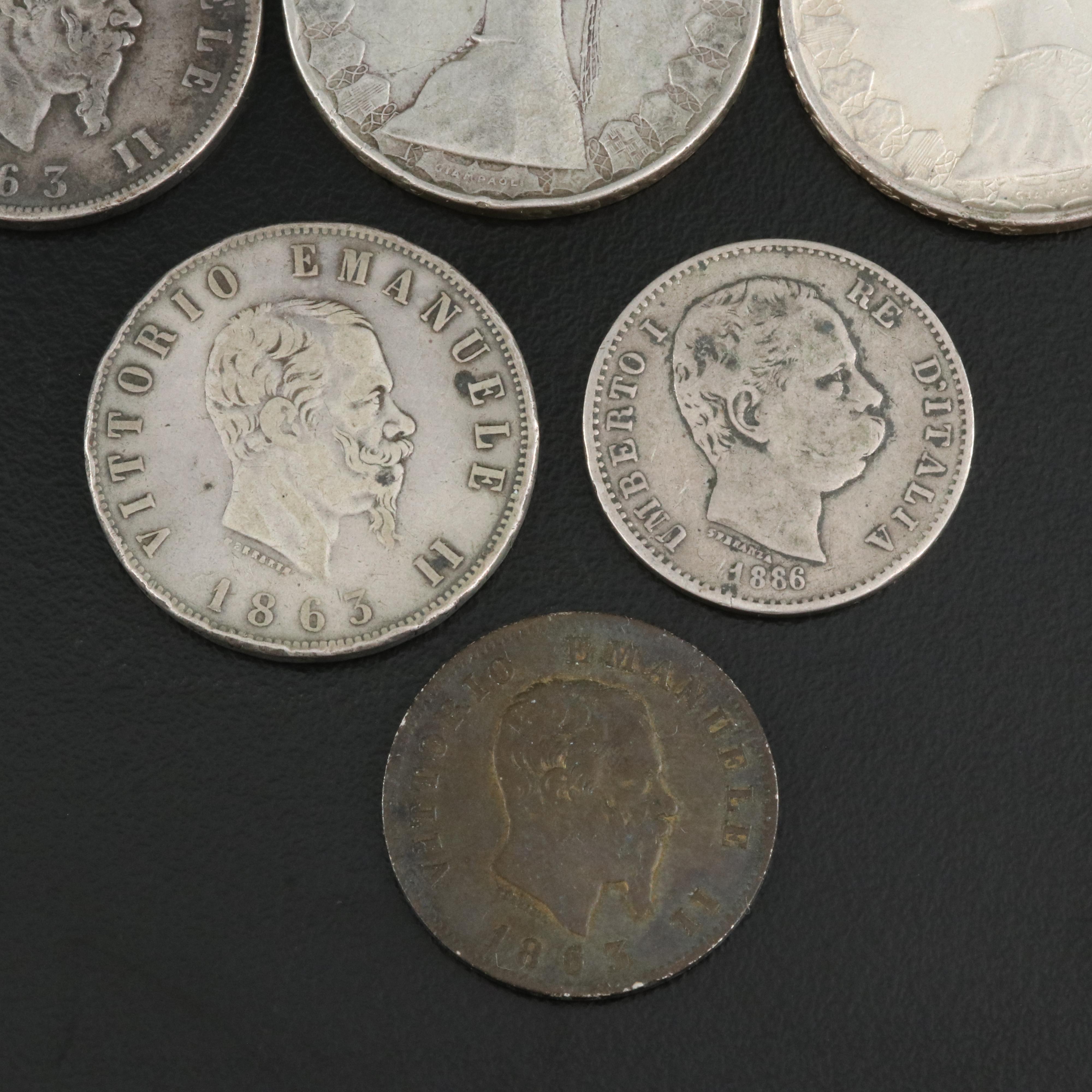 Group of Nine Italian Silver Coins Including a 1794 Sixty Grani