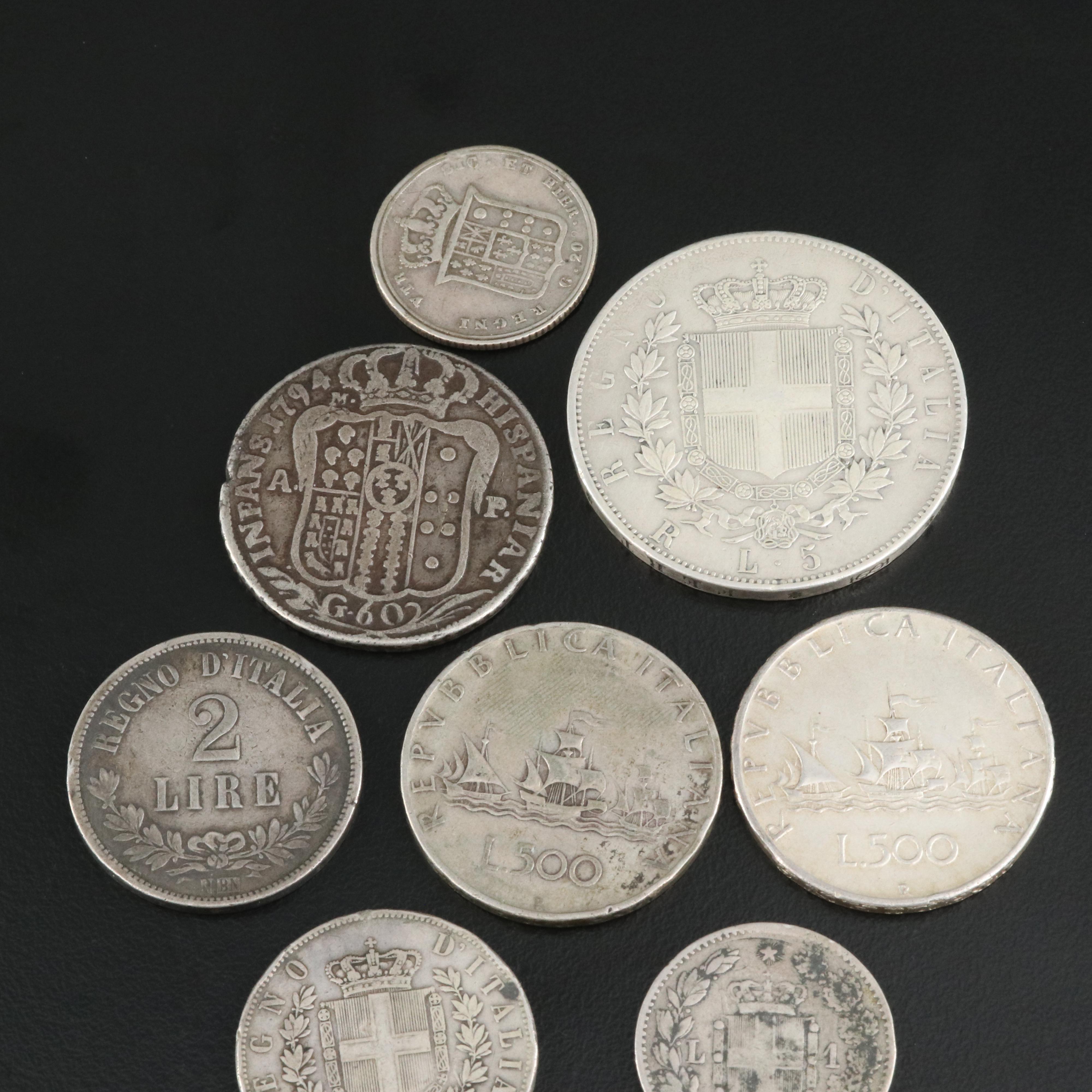 Group of Nine Italian Silver Coins Including a 1794 Sixty Grani