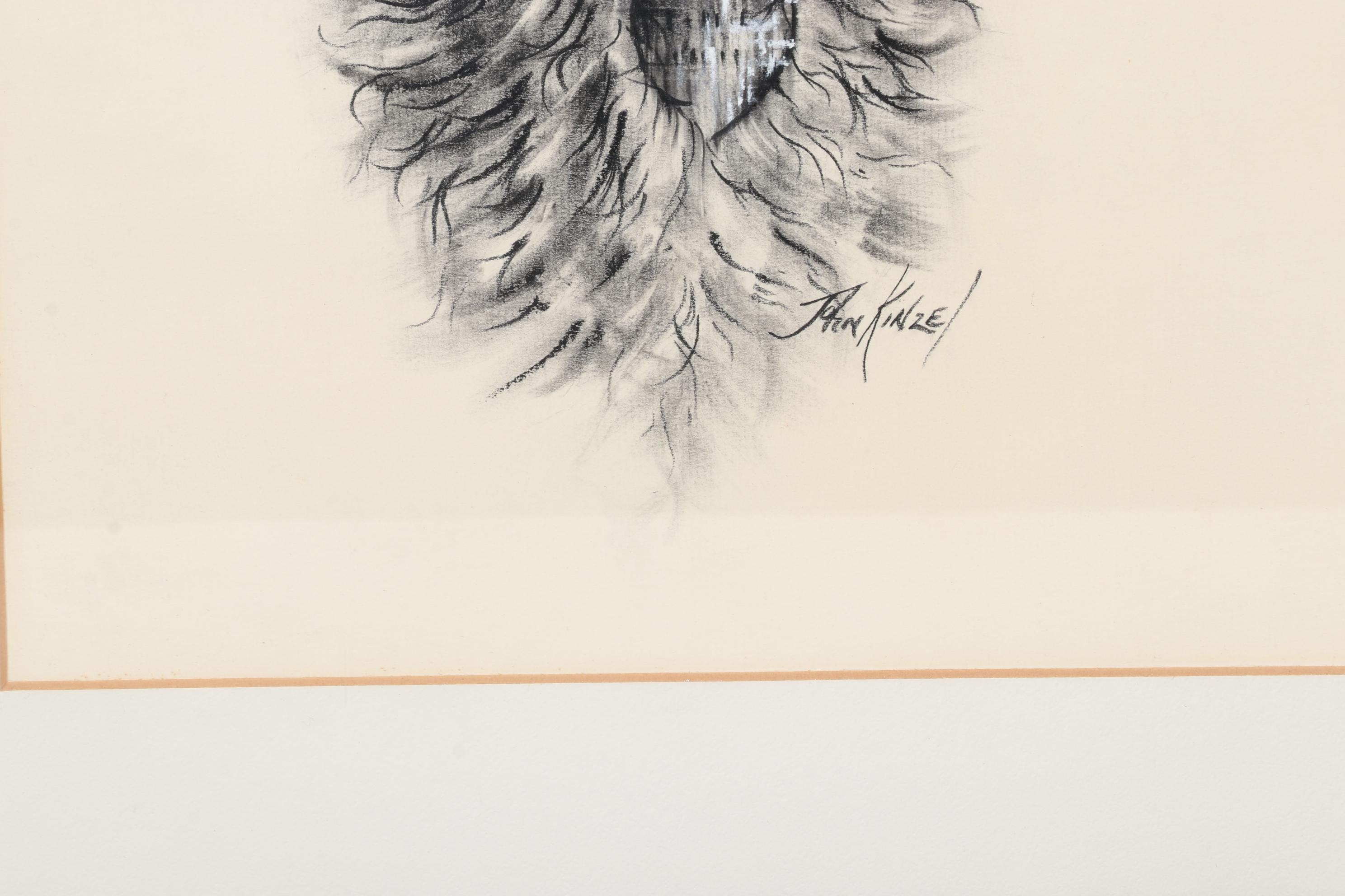 John Kinzel Portrait Charcoal and Conté Drawing of Schnauzer, Circa 1970
