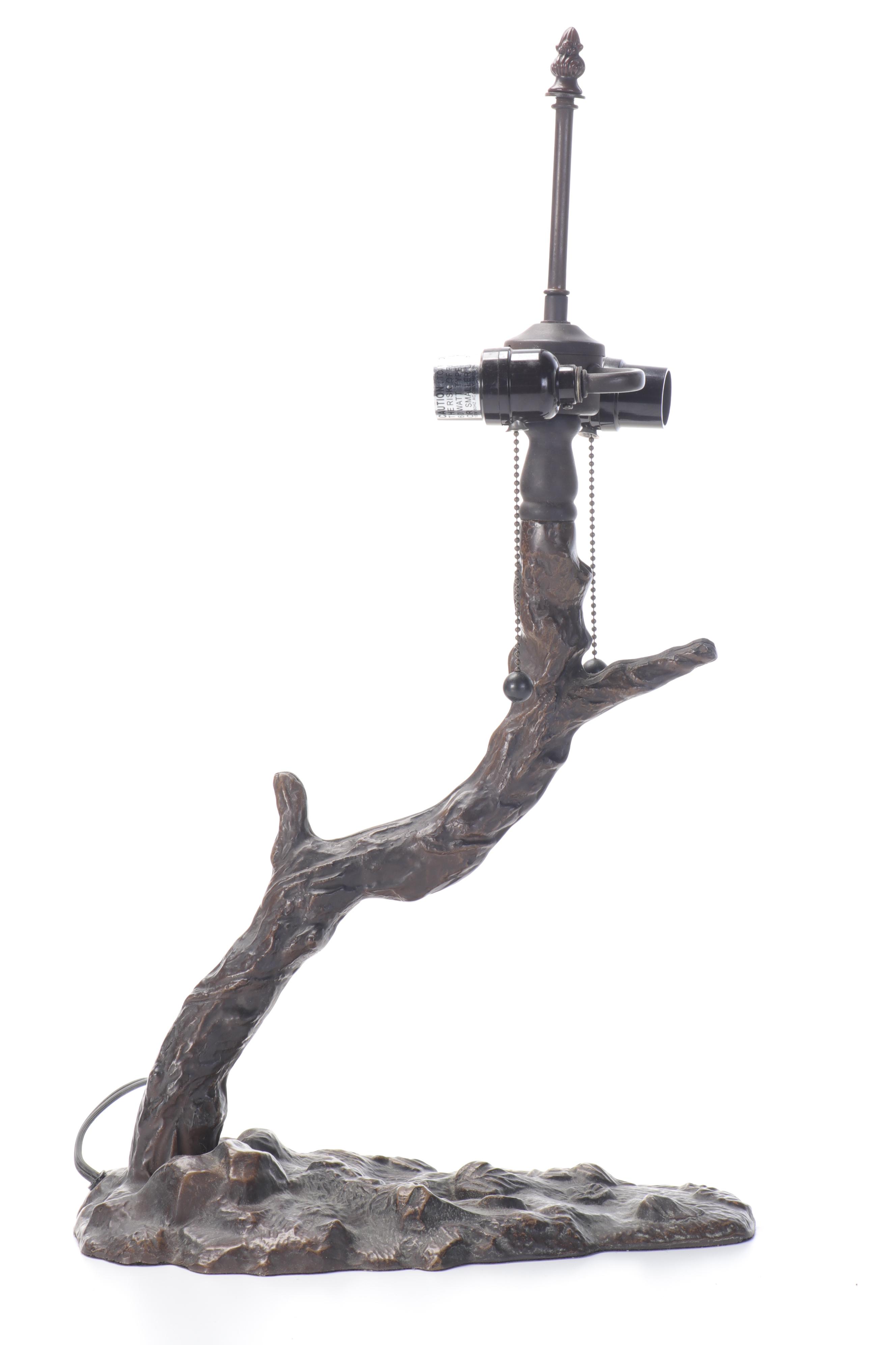 Cast Metal Tree Trunk With Slag Glass and Jeweled Shade, 21st Century