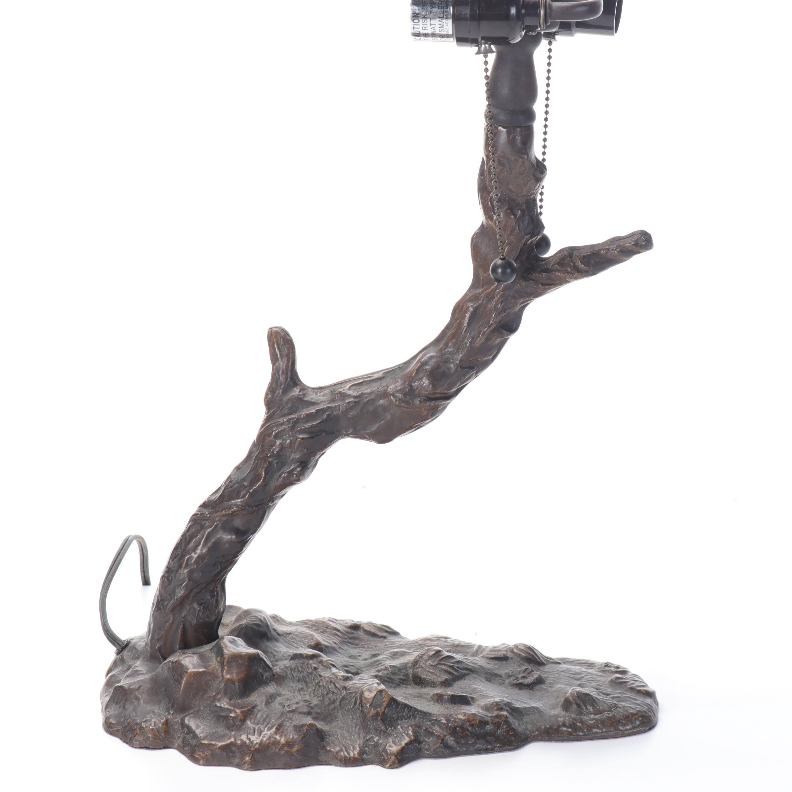 Cast Metal Tree Trunk With Slag Glass and Jeweled Shade, 21st Century