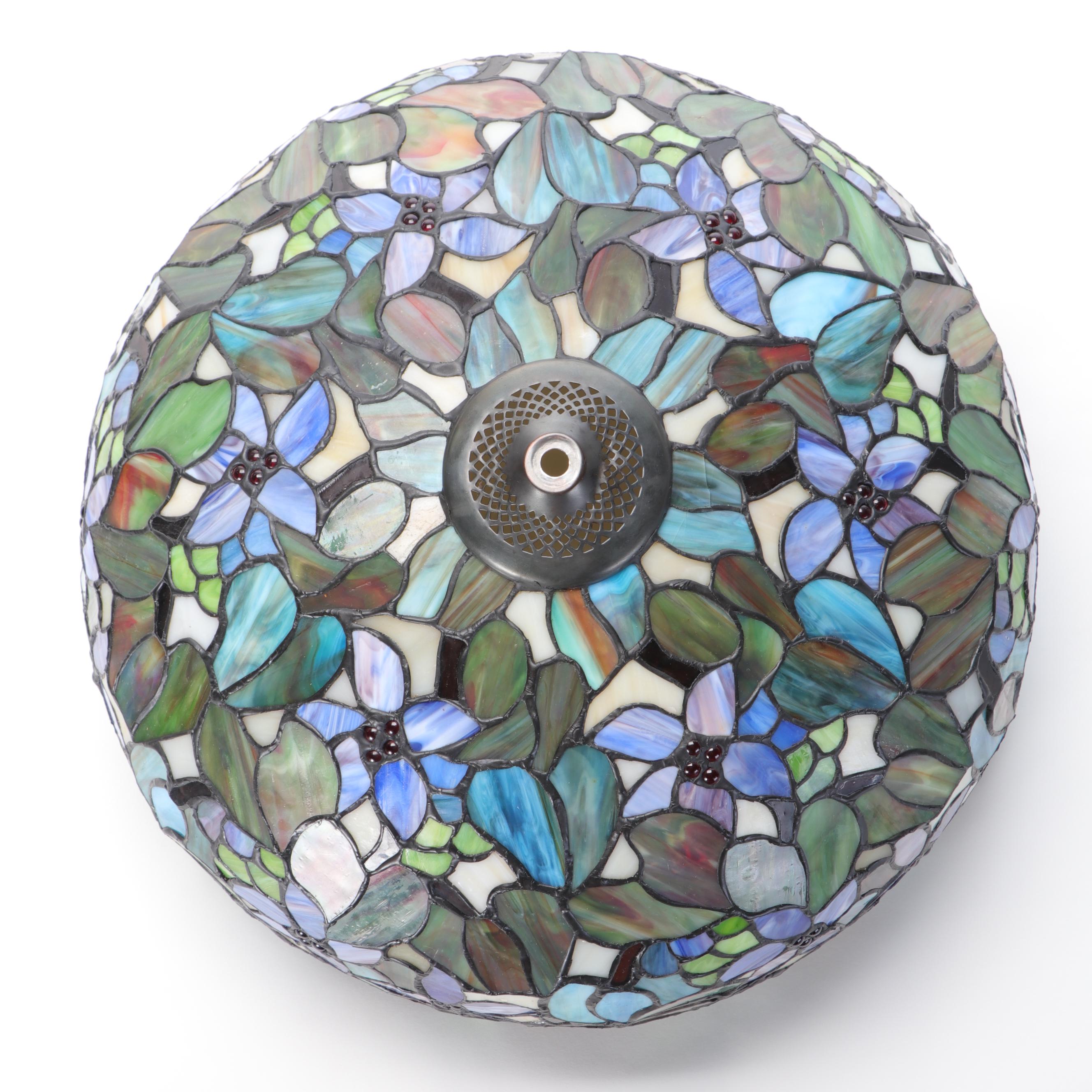 Cast Metal Tree Trunk With Slag Glass and Jeweled Shade, 21st Century