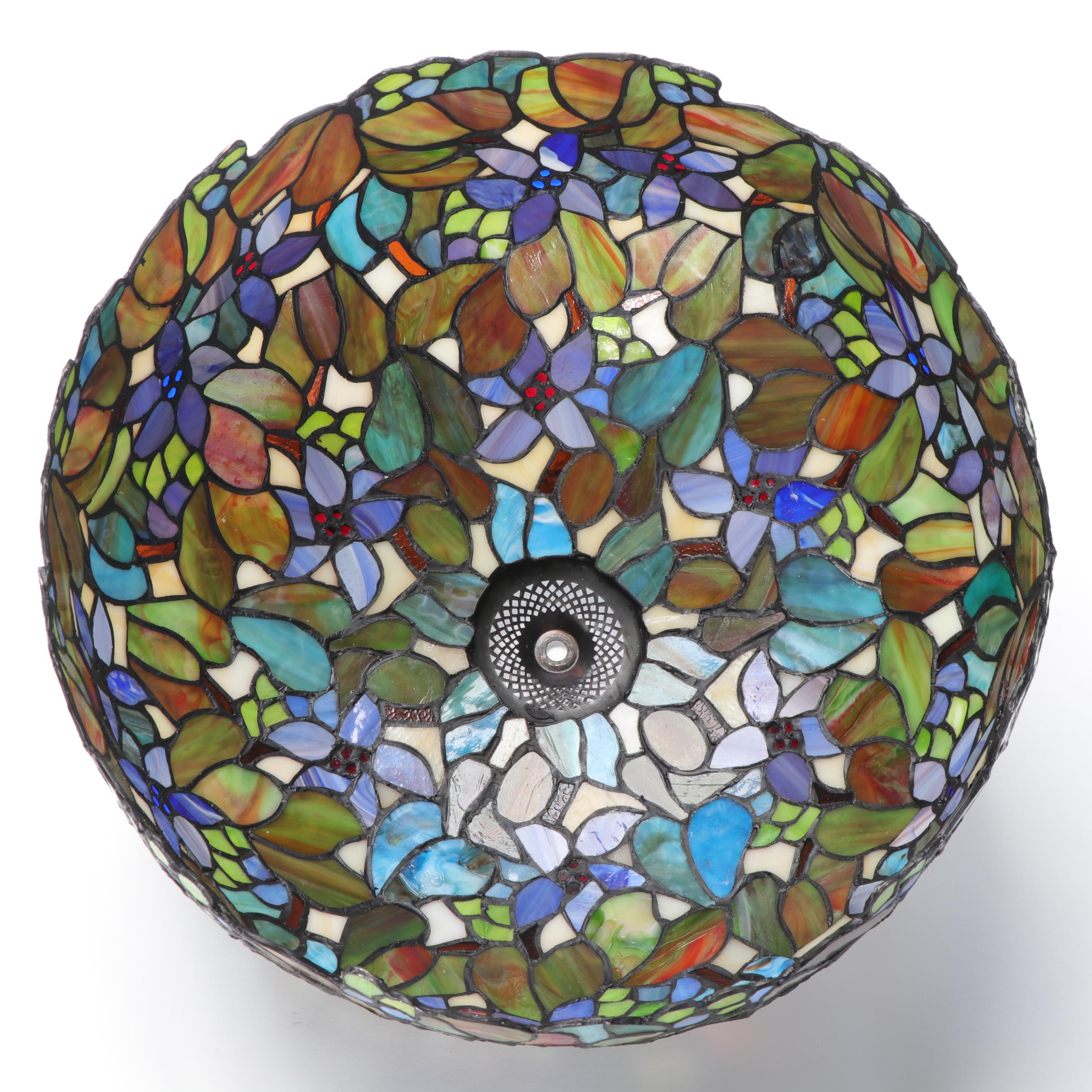 Cast Metal Tree Trunk With Slag Glass and Jeweled Shade, 21st Century