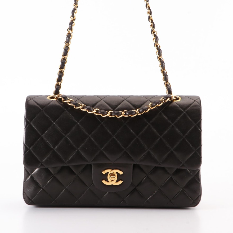 Chanel Small Double-Flap Shoulder Bag in Black Lambskin Leather with Box