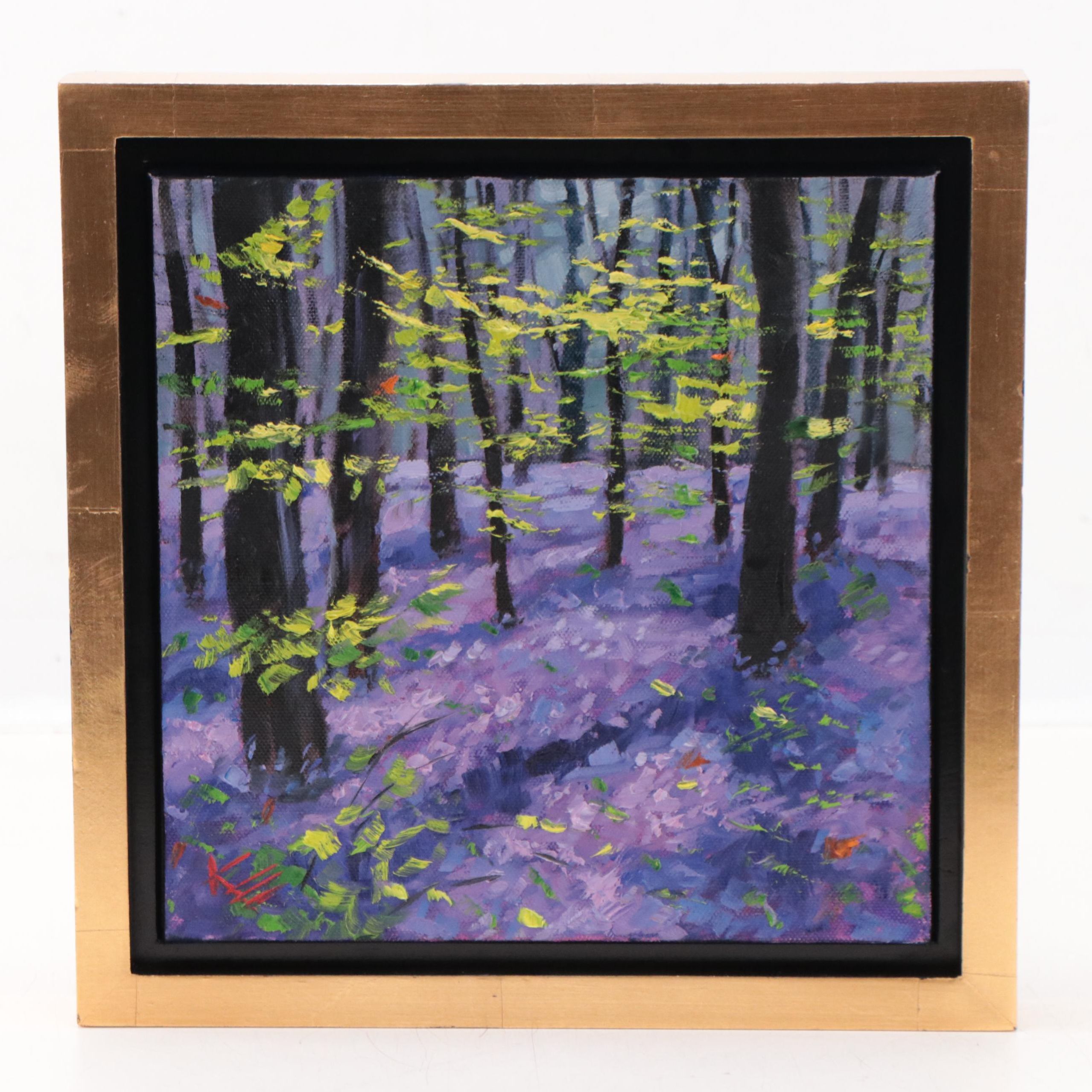 Krista Eaton Forest Landscape Oil Painting "Blue Bells," 21st Century