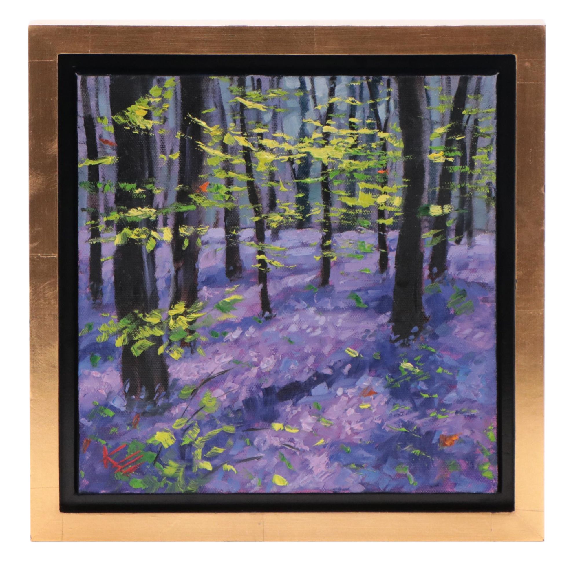 Krista Eaton Forest Landscape Oil Painting "Blue Bells," 21st Century