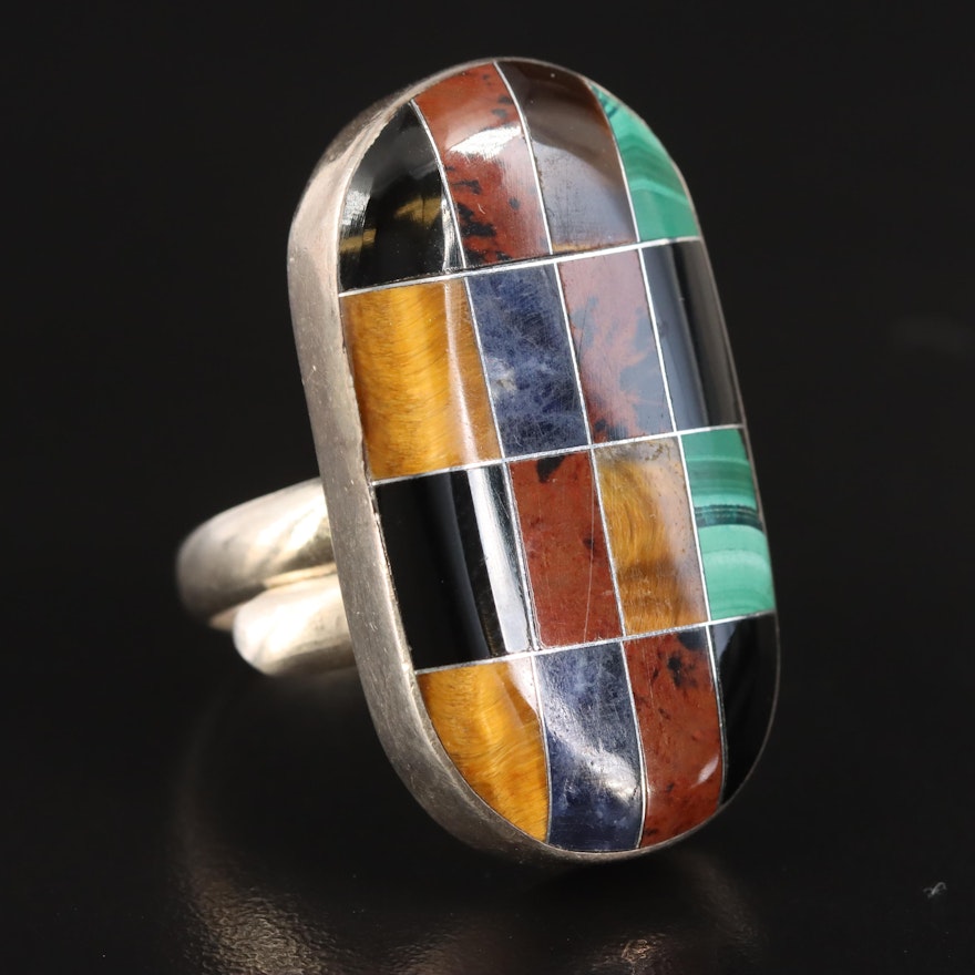 Mexican 950 Silver Malachite, Tiger's Eye and Gemstone Inlay Ring