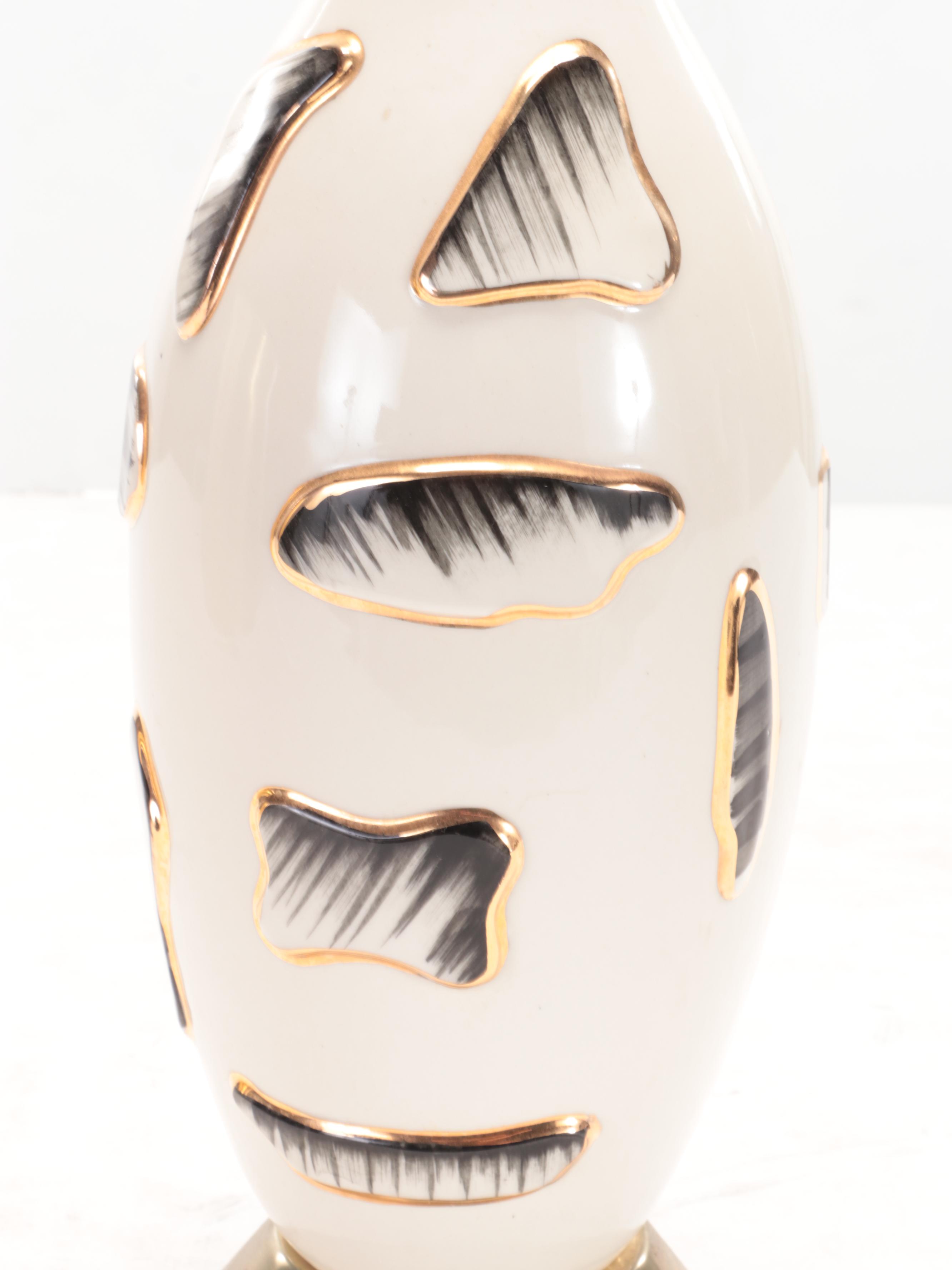 Ceramic Vase Lamp With Two Gold Foil Paper Shades, Mid-20th Century