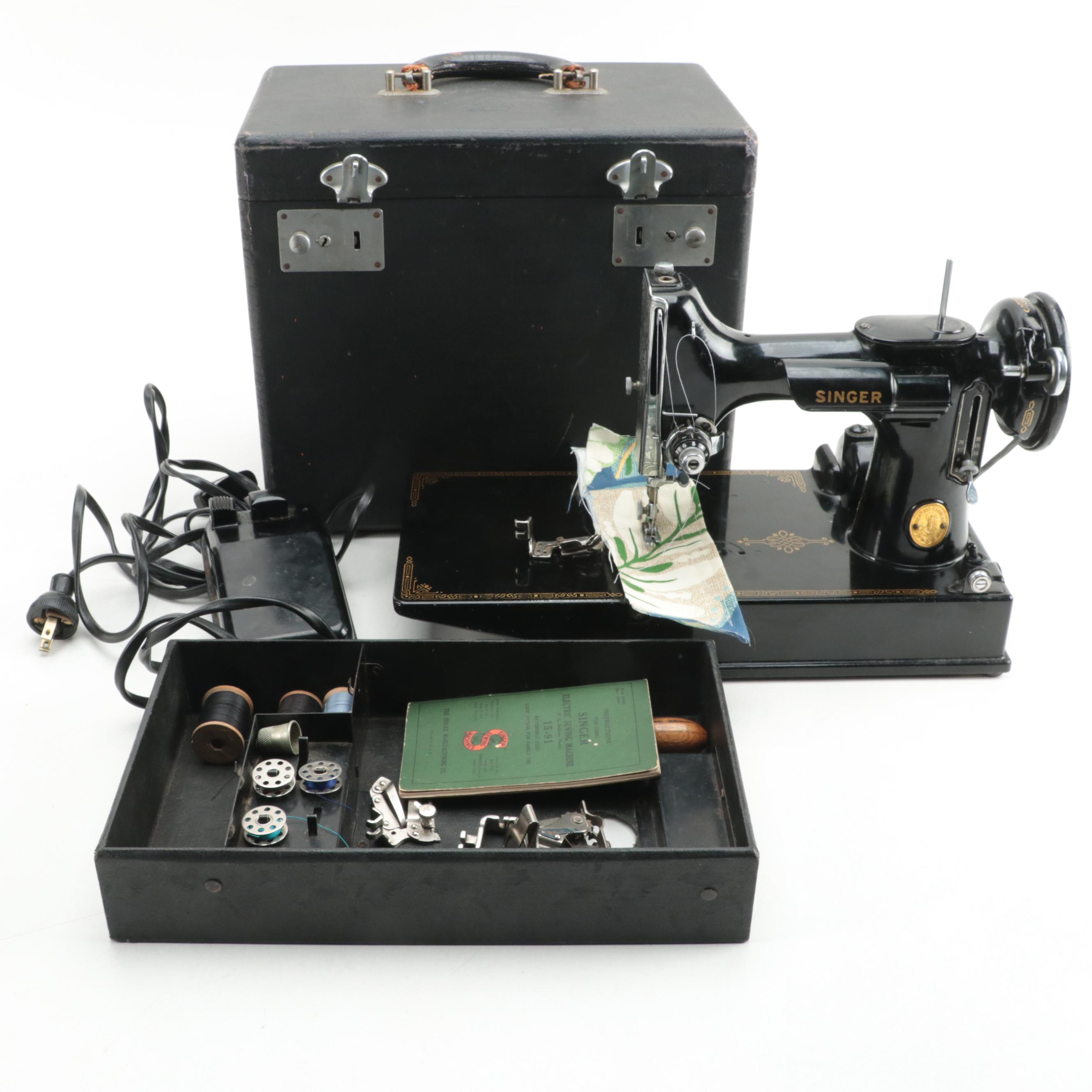 Singer Model 15-91 Electric Sewing Machine with Case and Accessories, 1941