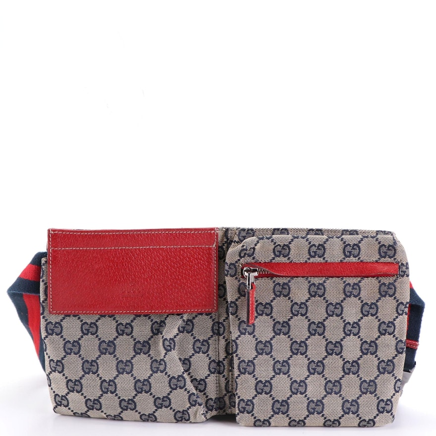 Gucci Belt Bag in Navy GG Canvas and Red Cinghiale Leather