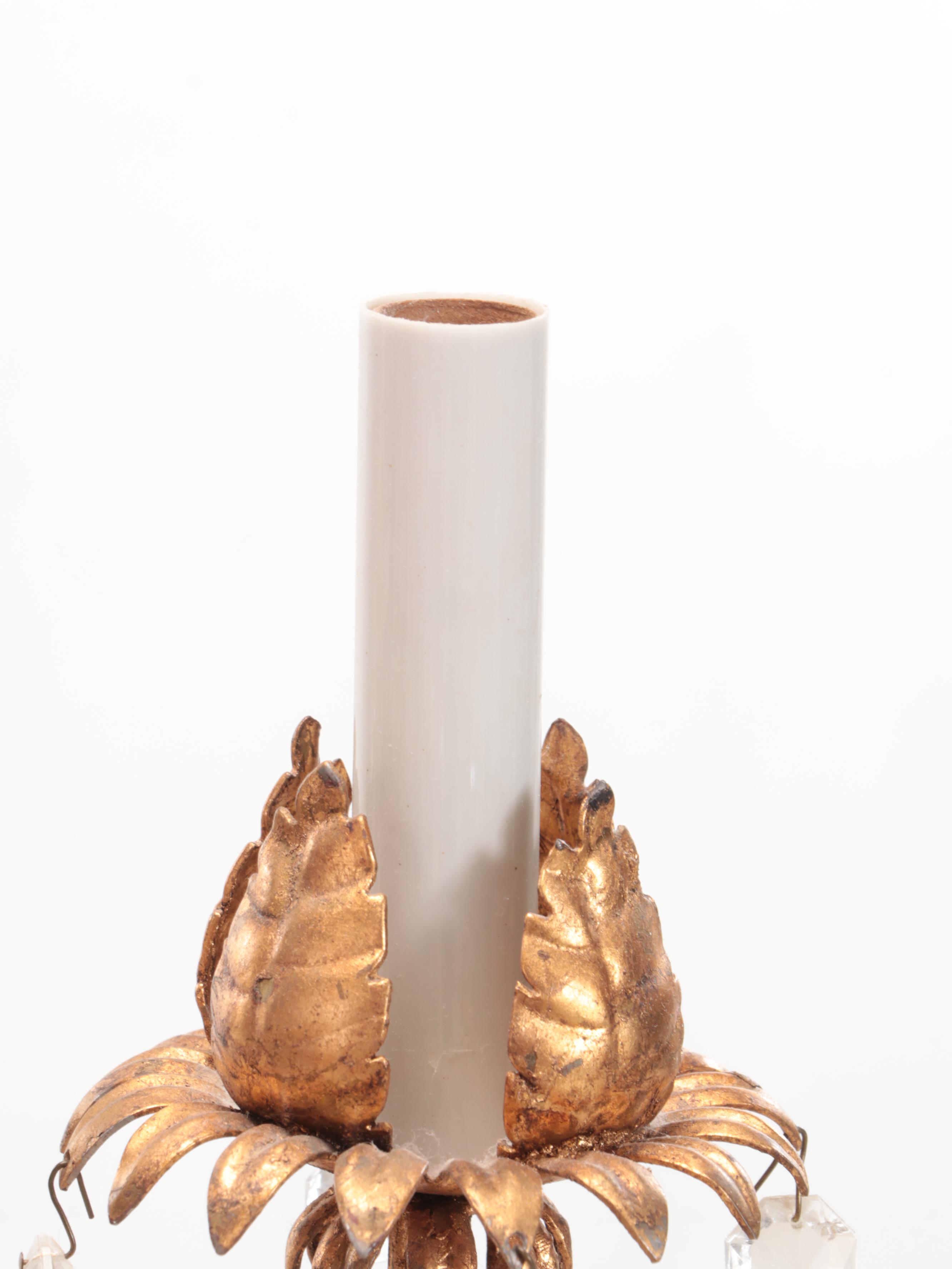 Italianate Gilt Metal Six-Arm Chandelier with Crystal Prism Drops, Late 20th C.