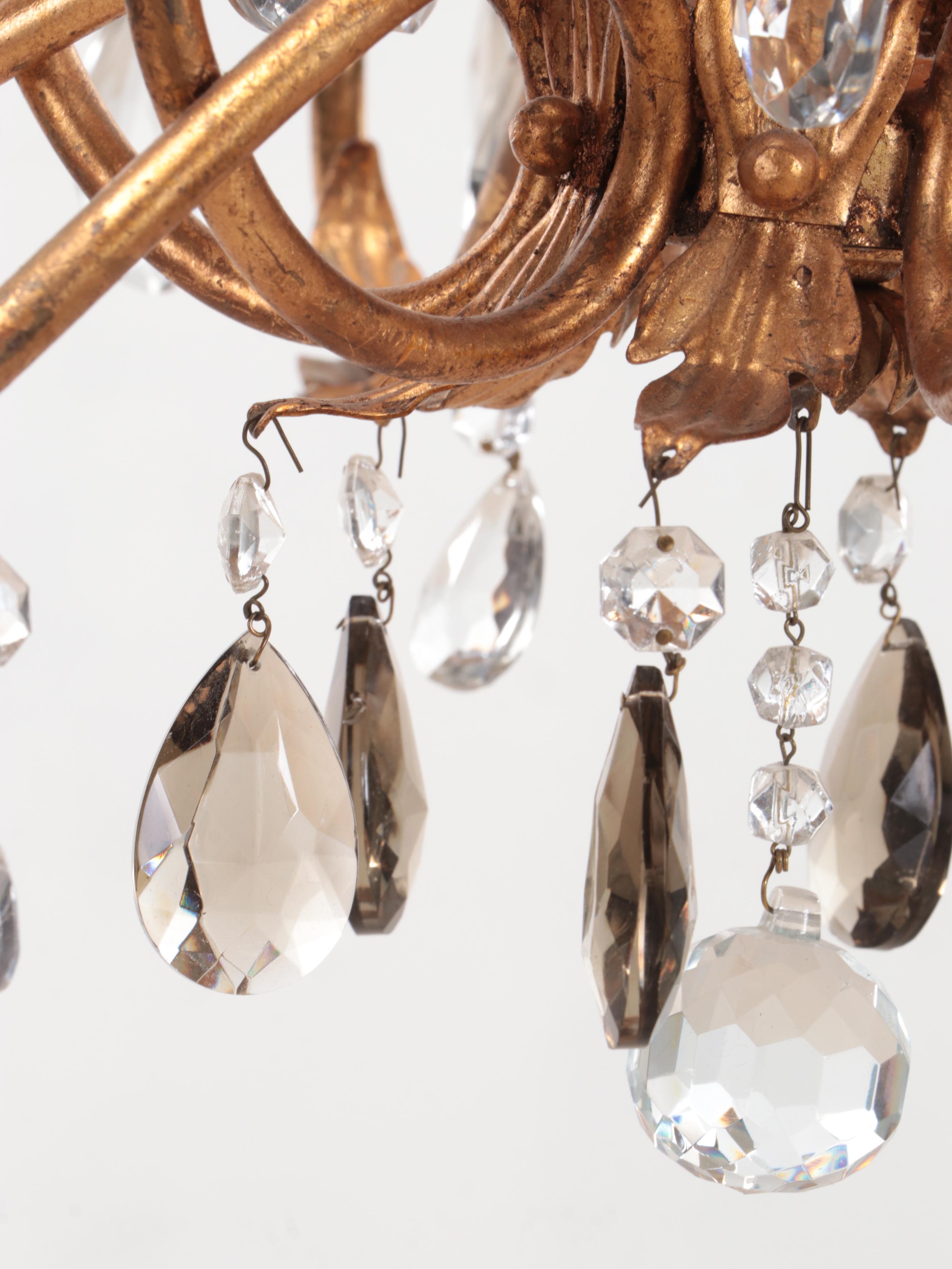 Italianate Gilt Metal Six-Arm Chandelier with Crystal Prism Drops, Late 20th C.