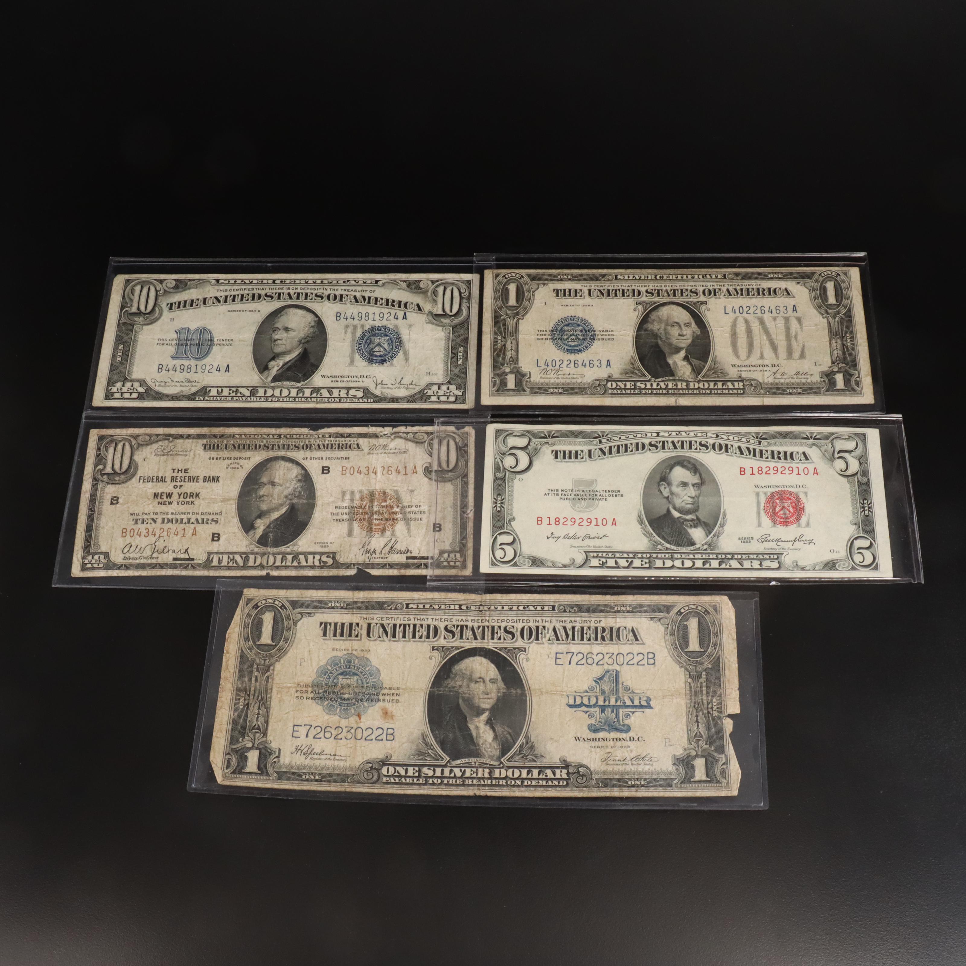 Five Different United States Currency Notes