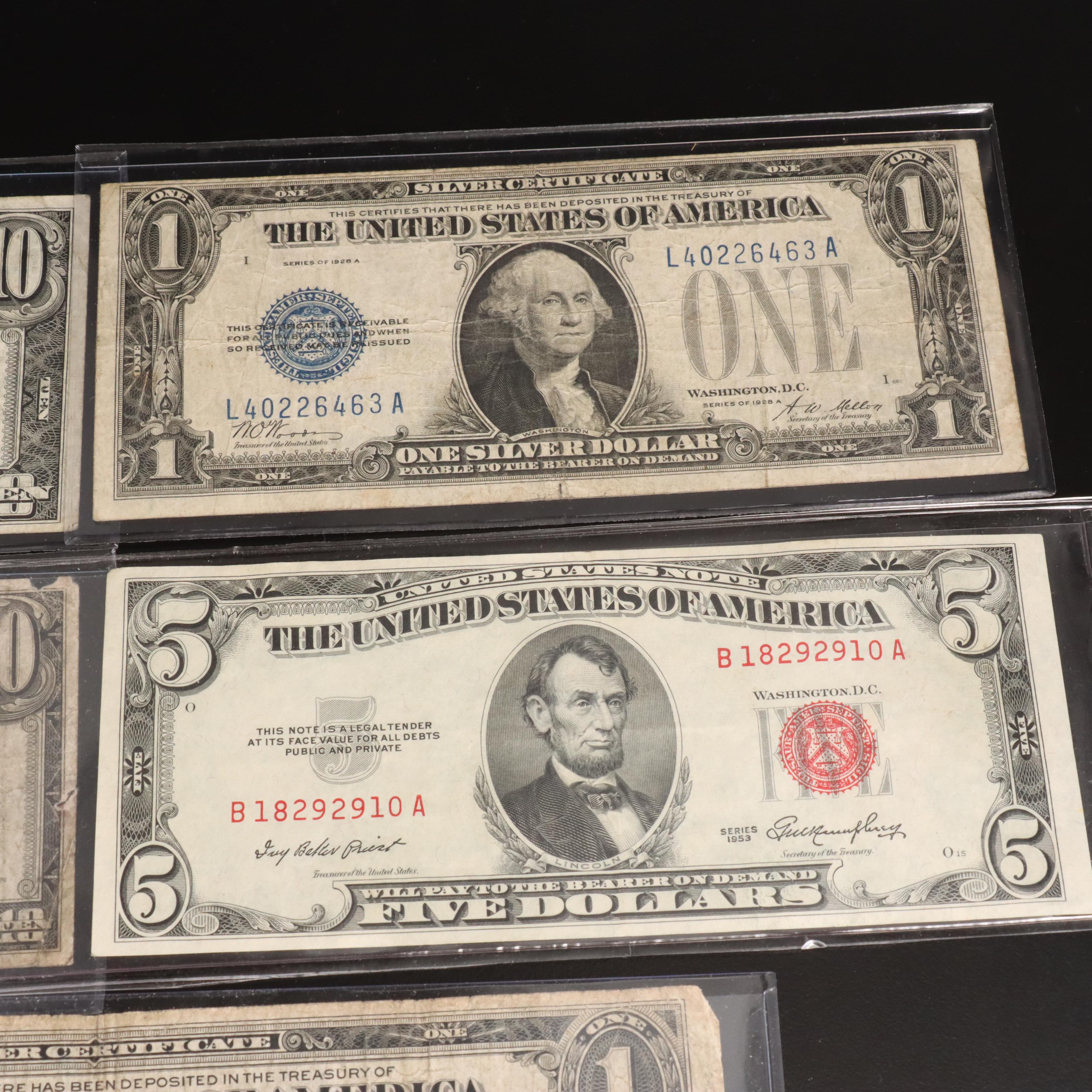 Five Different United States Currency Notes