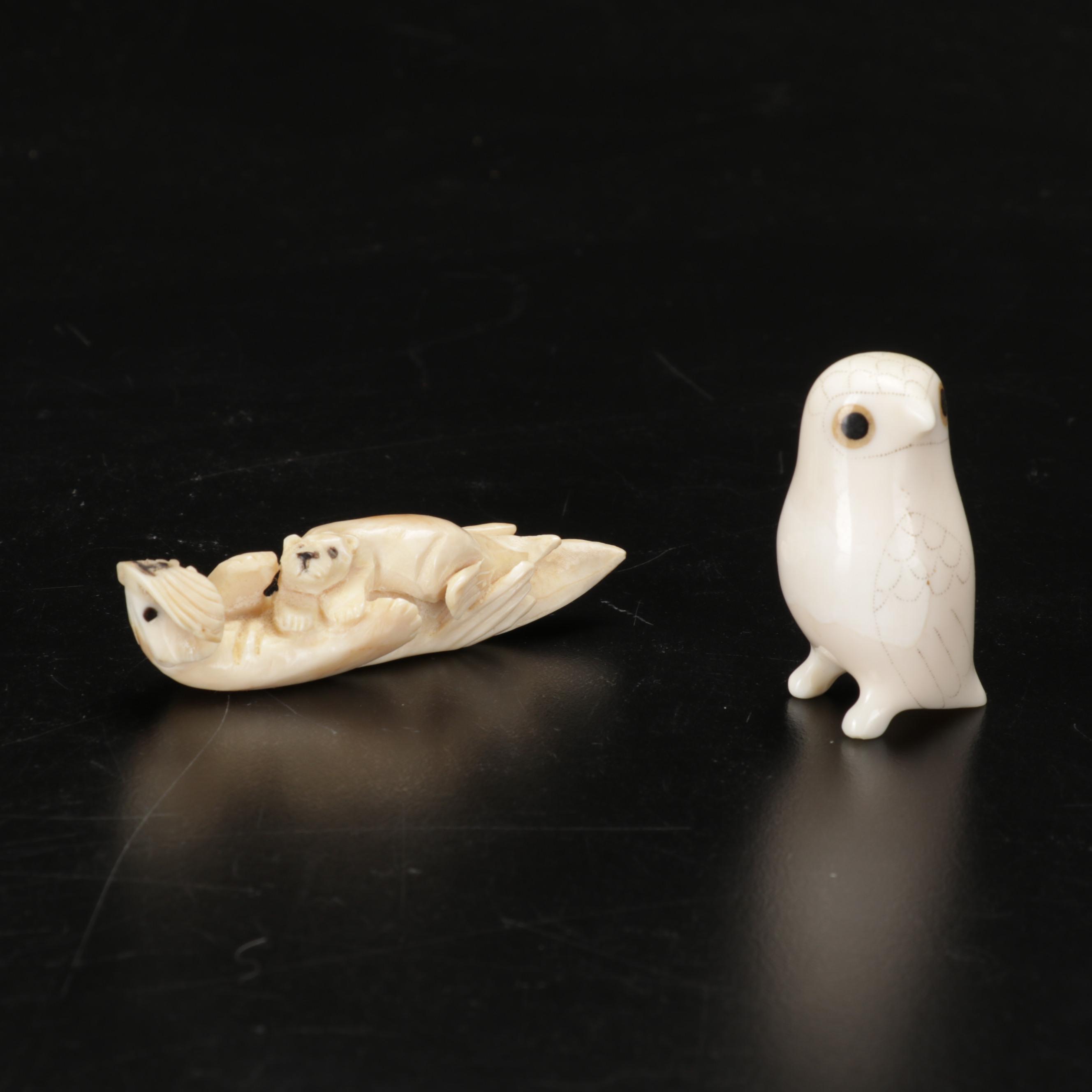 Hand-Carved Alaskan Native Craft Walrus Ivory Animal Figurines