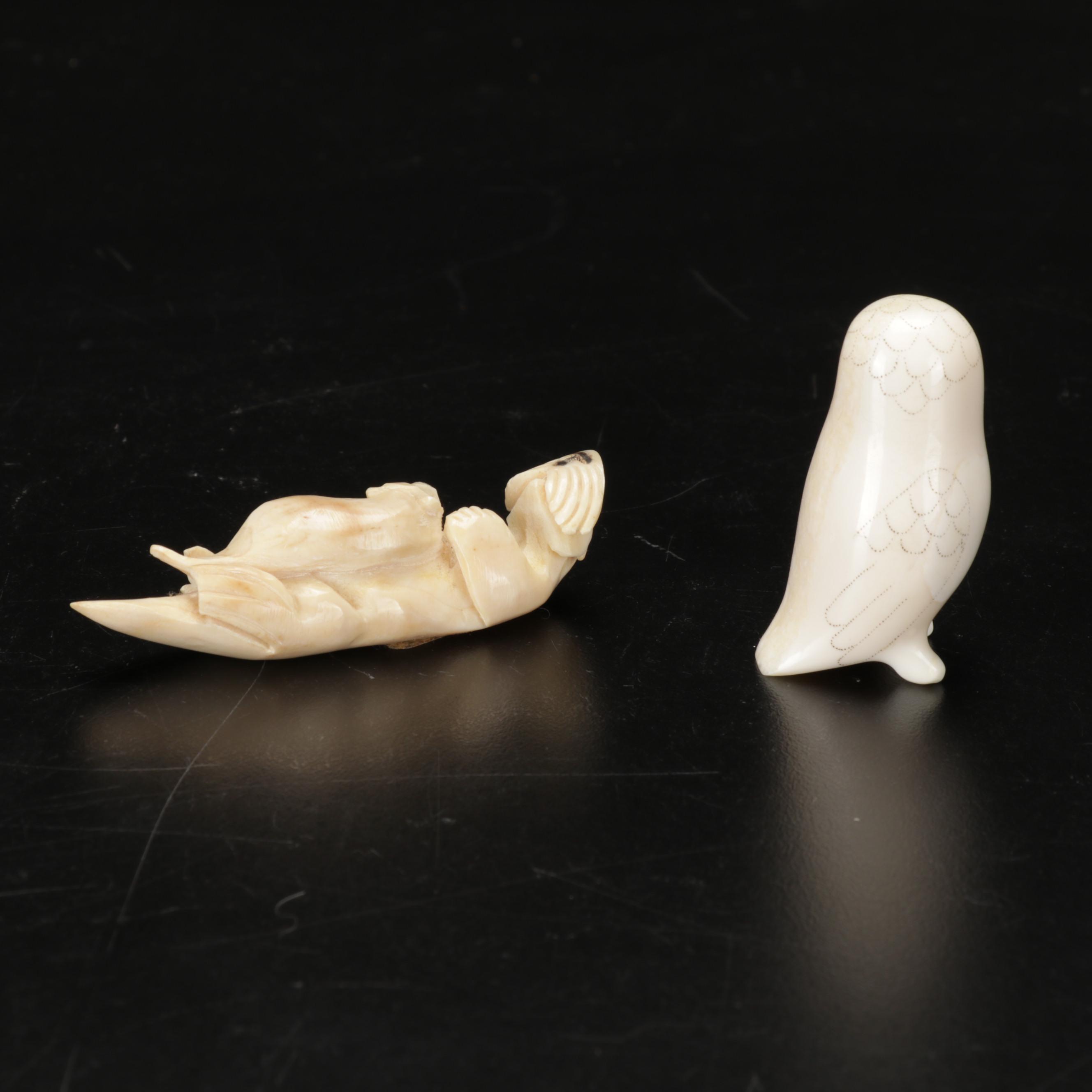 Hand-Carved Alaskan Native Craft Walrus Ivory Animal Figurines